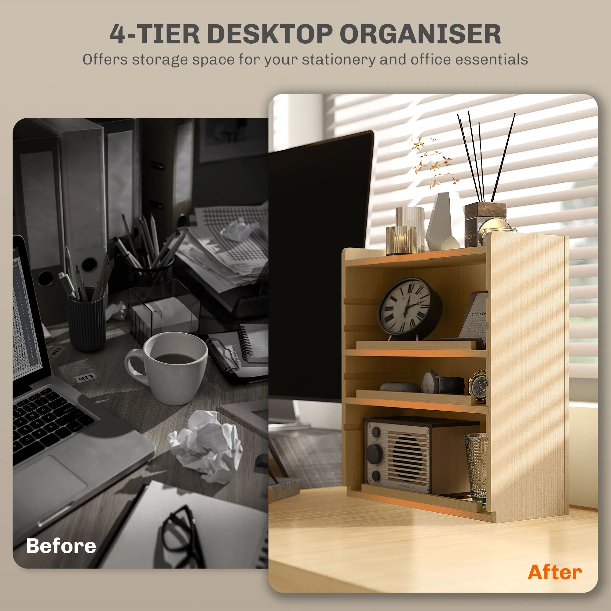 4-Tier Desktop Organiser with Cable Management for Stationery Oak Tone