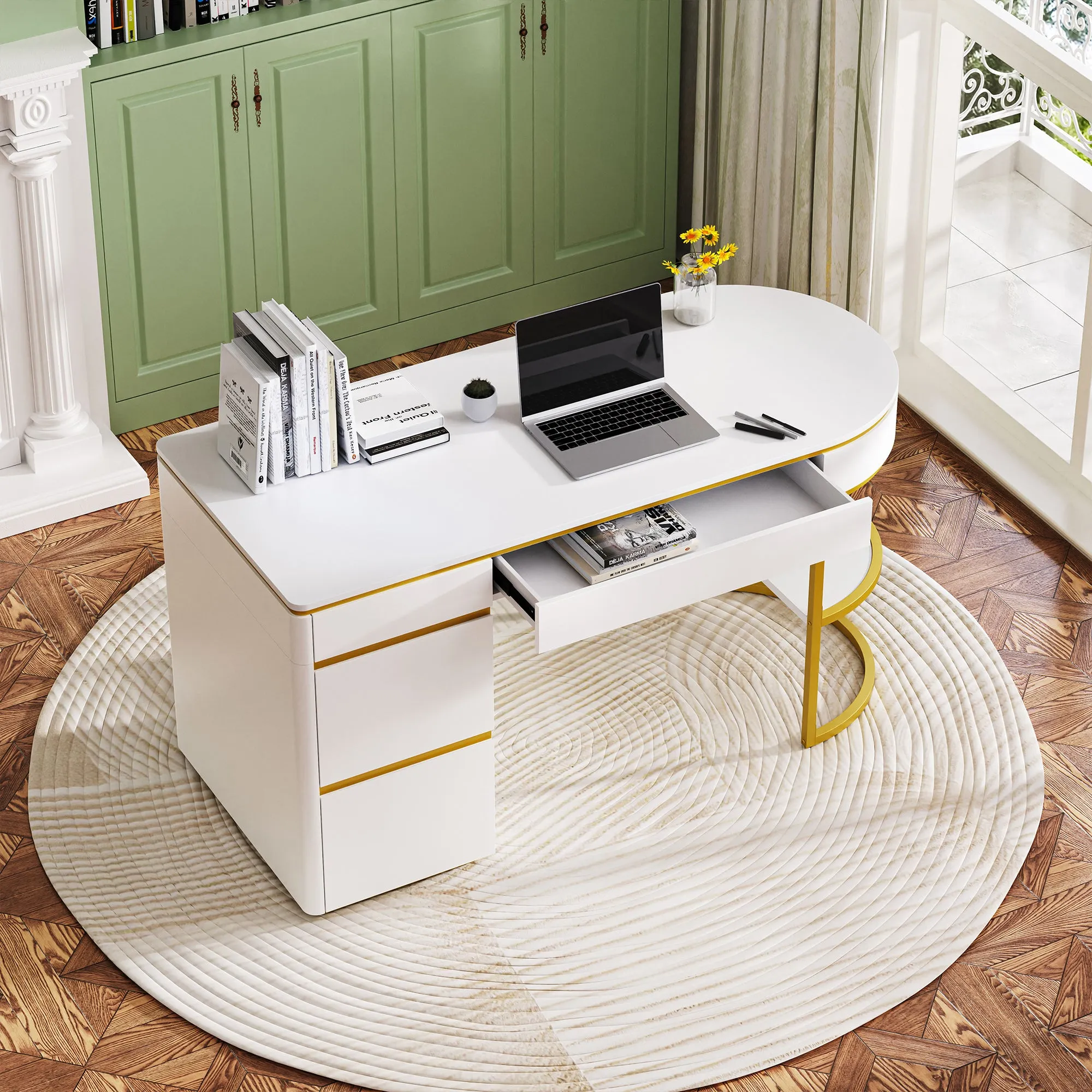 60''Modern Executive Desk,White Curved Computer Desk with Gold Metal Legs,3-Drawers Home Office Desk,Writing Desk with 1 Storage Cabinet for Home Office,Living Room,Gold White