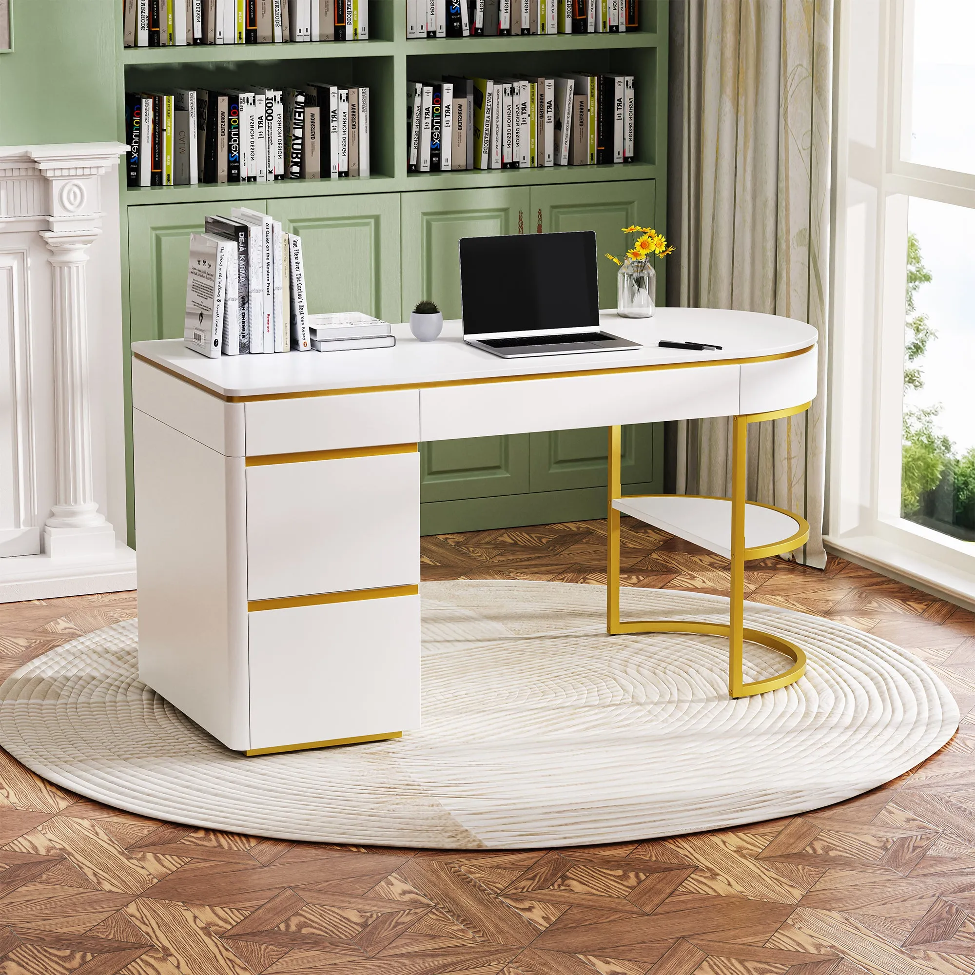 60''Modern Executive Desk,White Curved Computer Desk with Gold Metal Legs,3-Drawers Home Office Desk,Writing Desk with 1 Storage Cabinet for Home Office,Living Room,Gold White