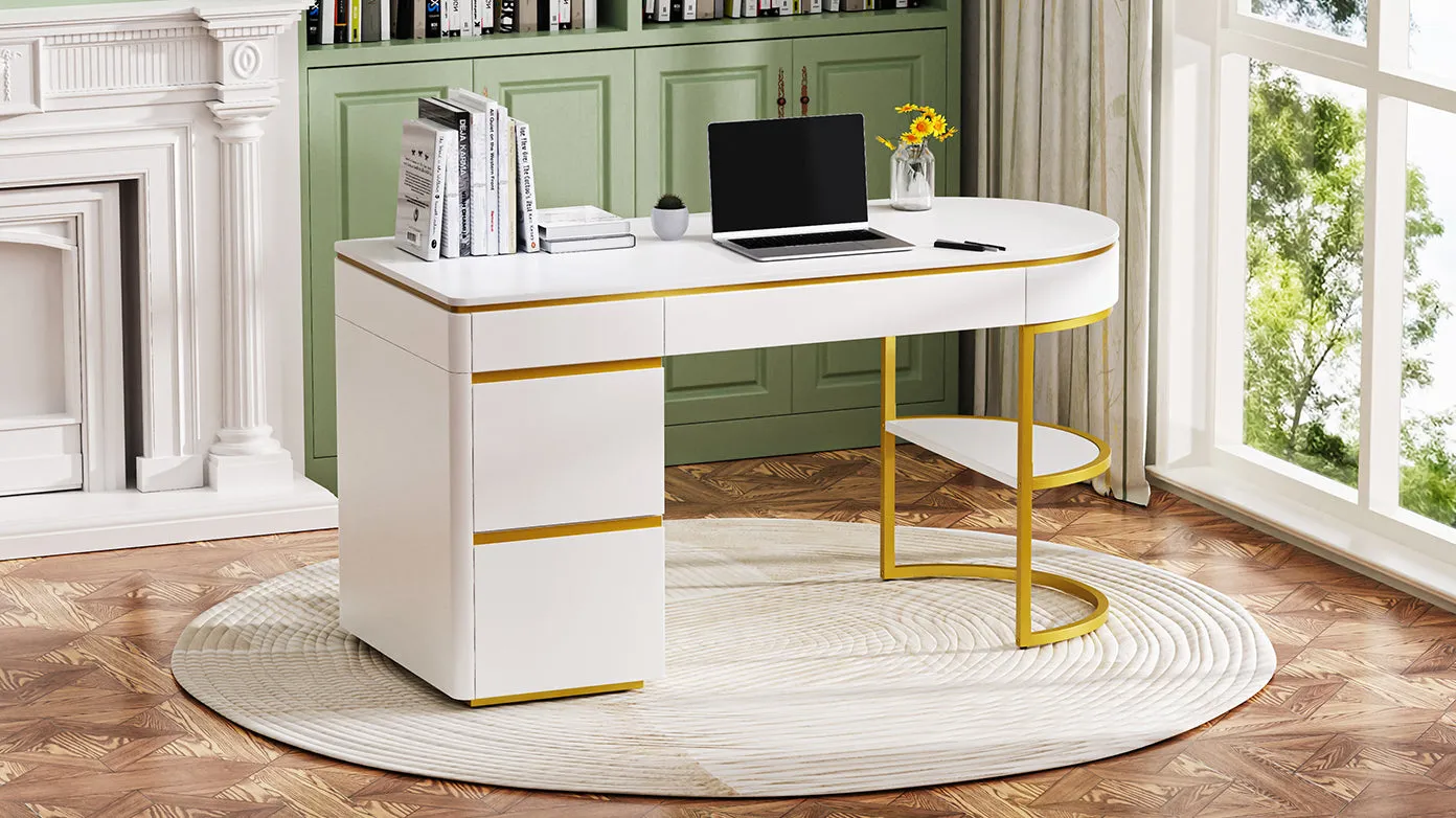 60''Modern Executive Desk,White Curved Computer Desk with Gold Metal Legs,3-Drawers Home Office Desk,Writing Desk with 1 Storage Cabinet for Home Office,Living Room,Gold White