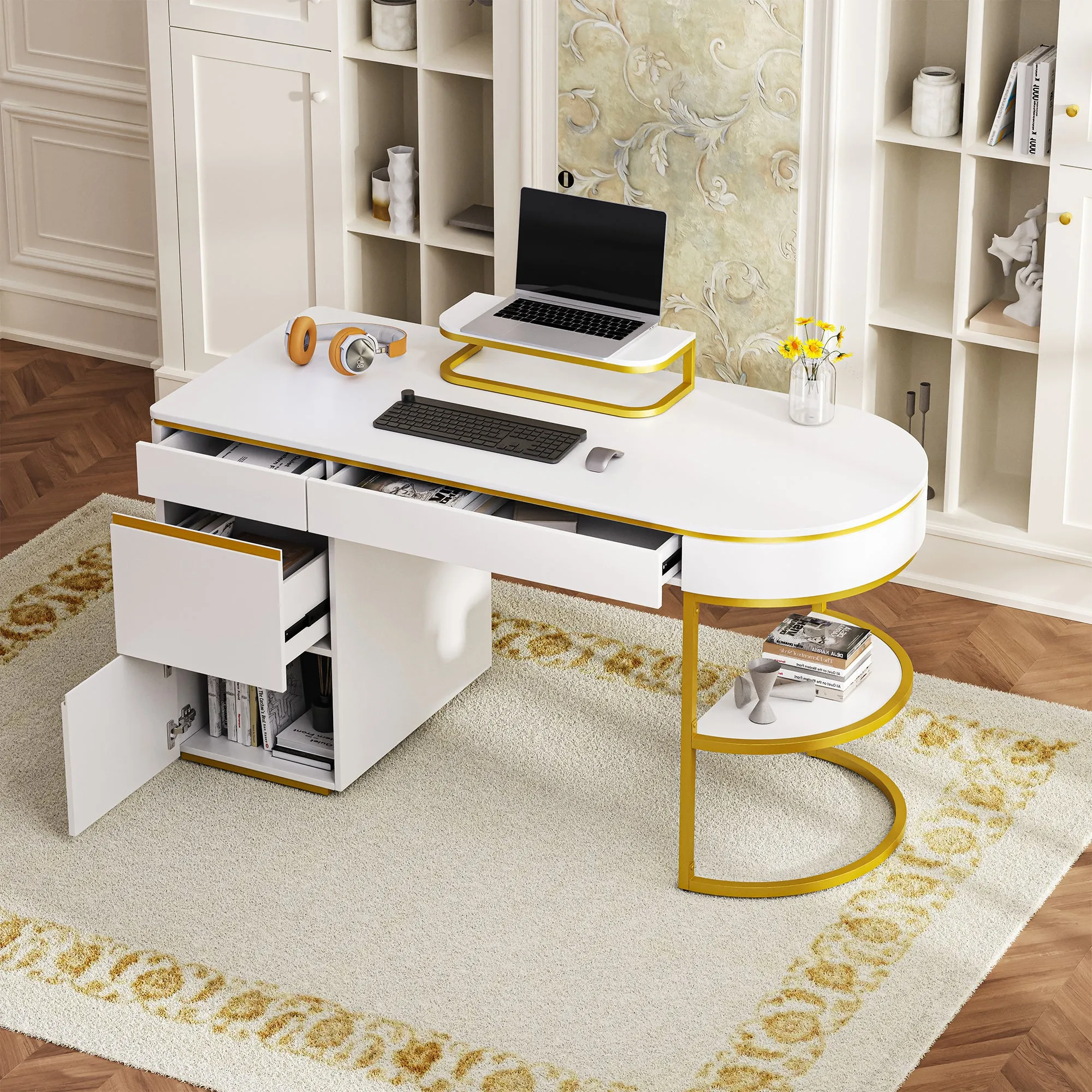 60''Modern Executive Desk,White Curved Computer Desk with Gold Metal Legs,3-Drawers Home Office Desk,Writing Desk with 1 Storage Cabinet for Home Office,Living Room,Gold White