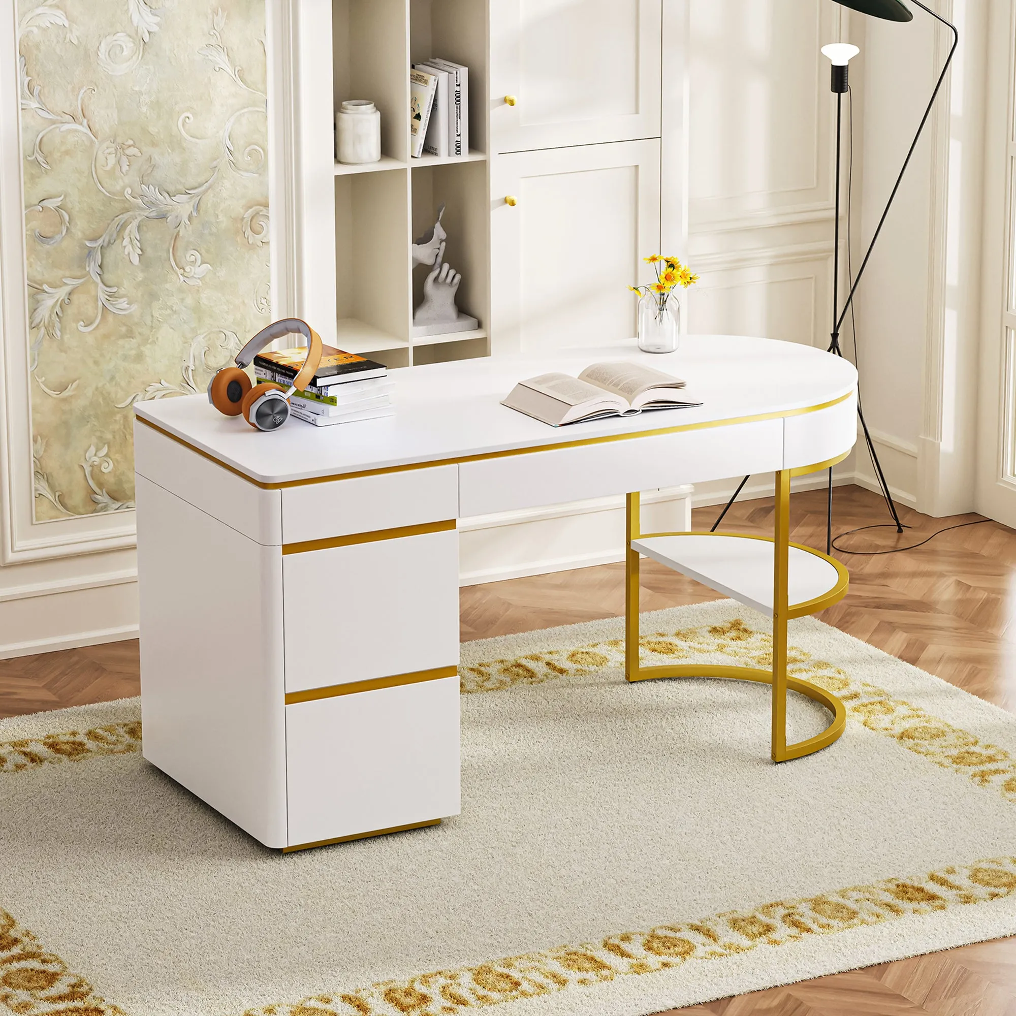 60''Modern Executive Desk,White Curved Computer Desk with Gold Metal Legs,3-Drawers Home Office Desk,Writing Desk with 1 Storage Cabinet for Home Office,Living Room,Gold White