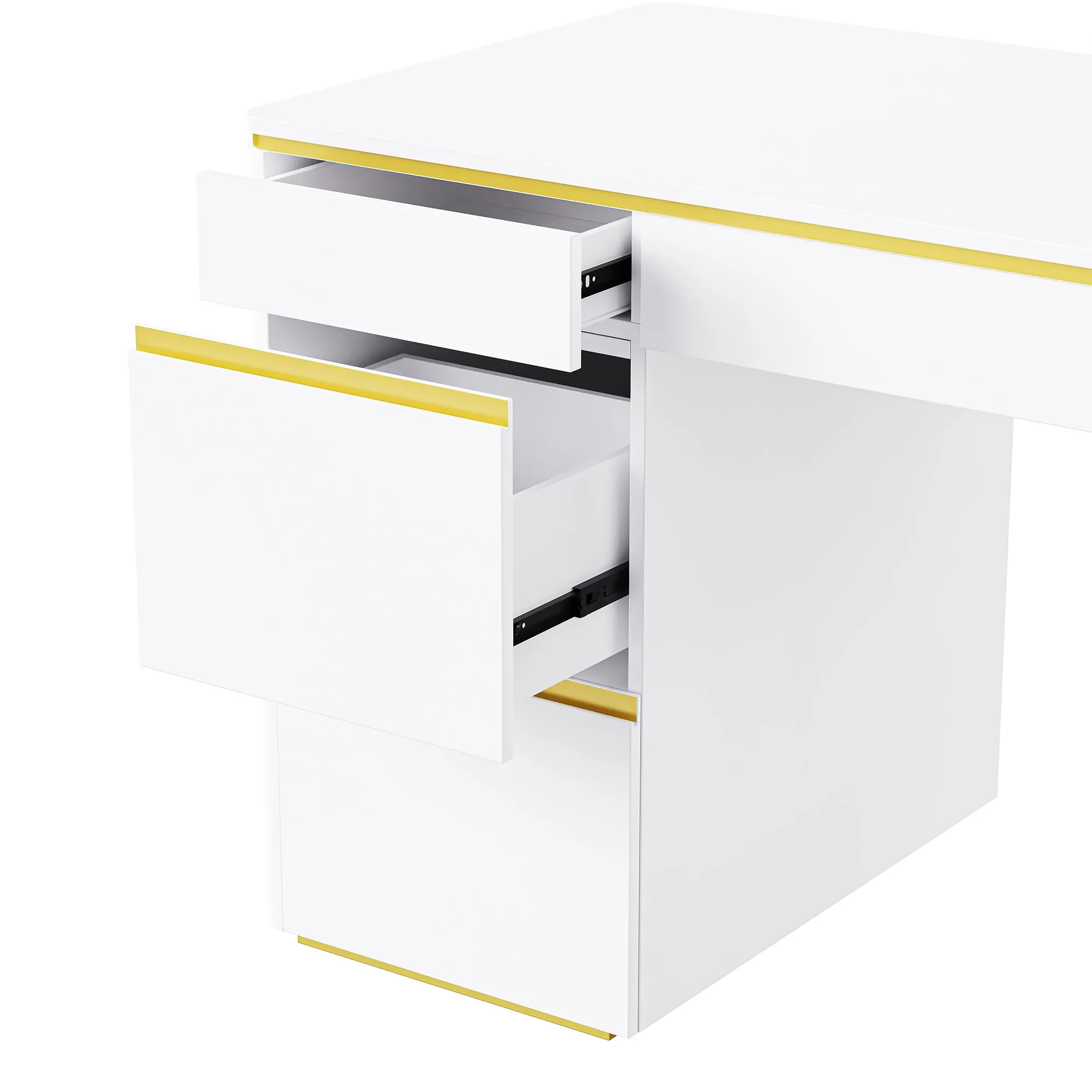 60''Modern Executive Desk,White Curved Computer Desk with Gold Metal Legs,3-Drawers Home Office Desk,Writing Desk with 1 Storage Cabinet for Home Office,Living Room,Gold White