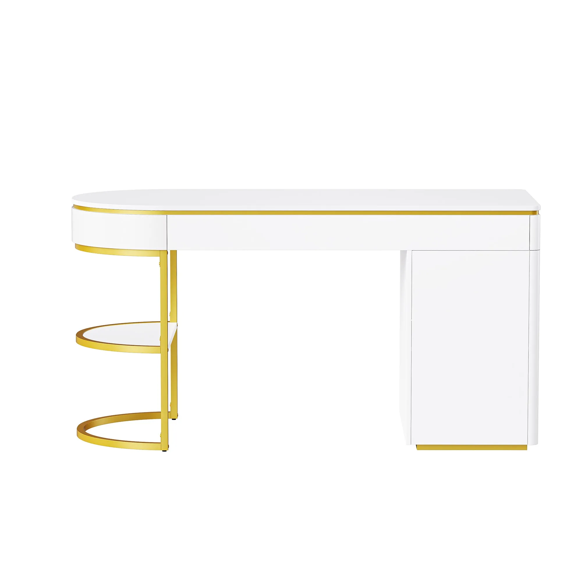 60''Modern Executive Desk,White Curved Computer Desk with Gold Metal Legs,3-Drawers Home Office Desk,Writing Desk with 1 Storage Cabinet for Home Office,Living Room,Gold White