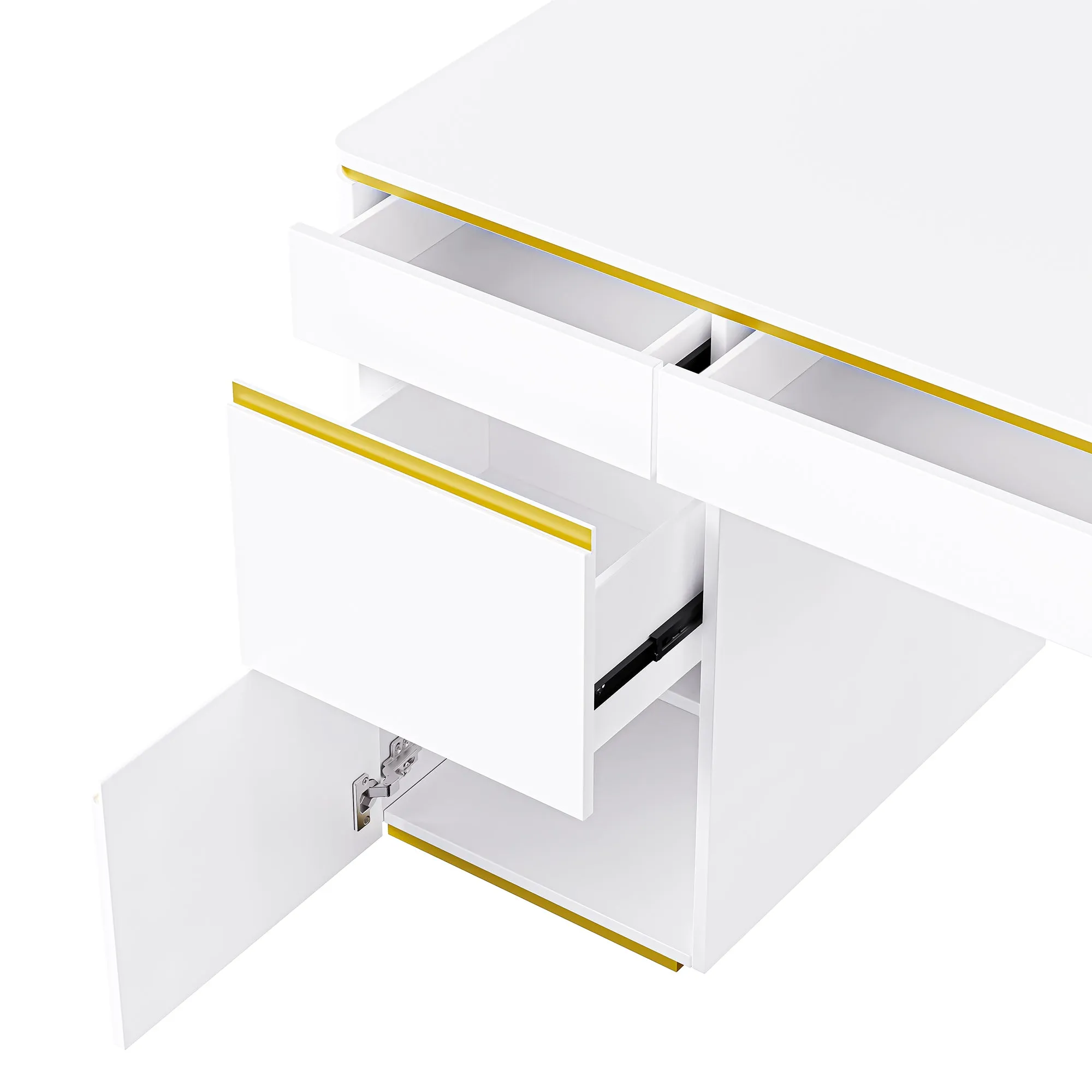 60''Modern Executive Desk,White Curved Computer Desk with Gold Metal Legs,3-Drawers Home Office Desk,Writing Desk with 1 Storage Cabinet for Home Office,Living Room,Gold White