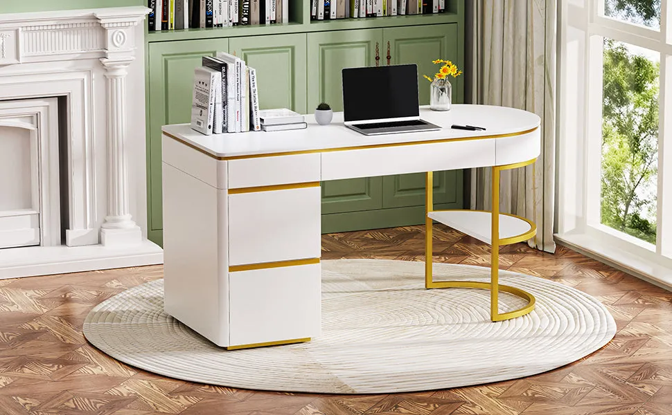 60''Modern Executive Desk,White Curved Computer Desk with Gold Metal Legs,3-Drawers Home Office Desk,Writing Desk with 1 Storage Cabinet for Home Office,Living Room,Gold White