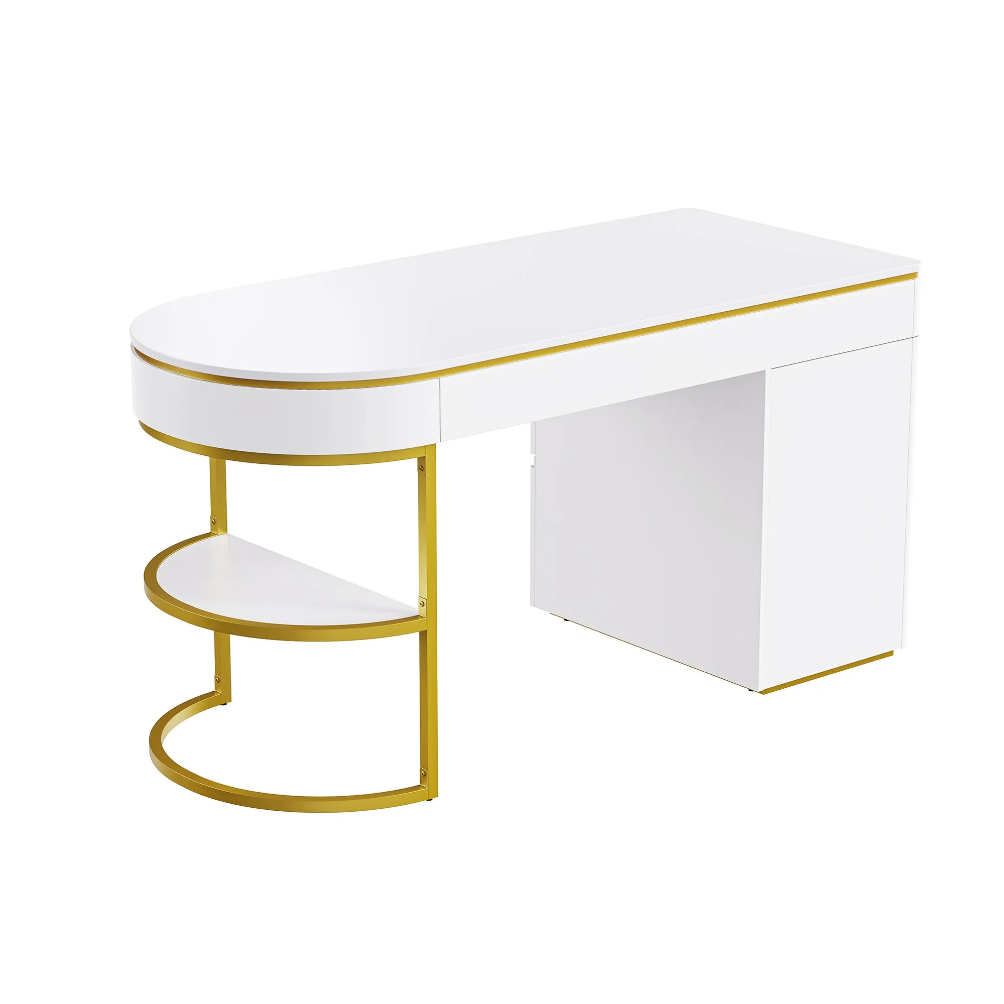 60''Modern Executive Desk,White Curved Computer Desk with Gold Metal Legs,3-Drawers Home Office Desk,Writing Desk with 1 Storage Cabinet for Home Office,Living Room,Gold White