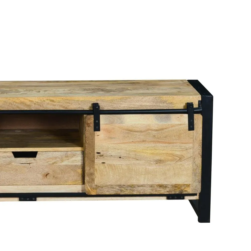 63 Inch Wooden Industrial TV Cabinet with Barn Style Sliding Doors, Brown and Black By The Urban Port