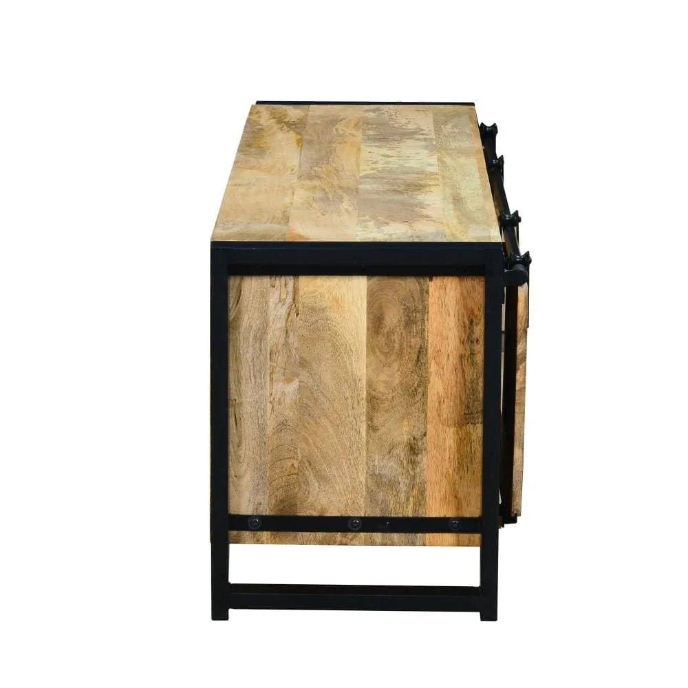 63 Inch Wooden Industrial TV Cabinet with Barn Style Sliding Doors, Brown and Black By The Urban Port