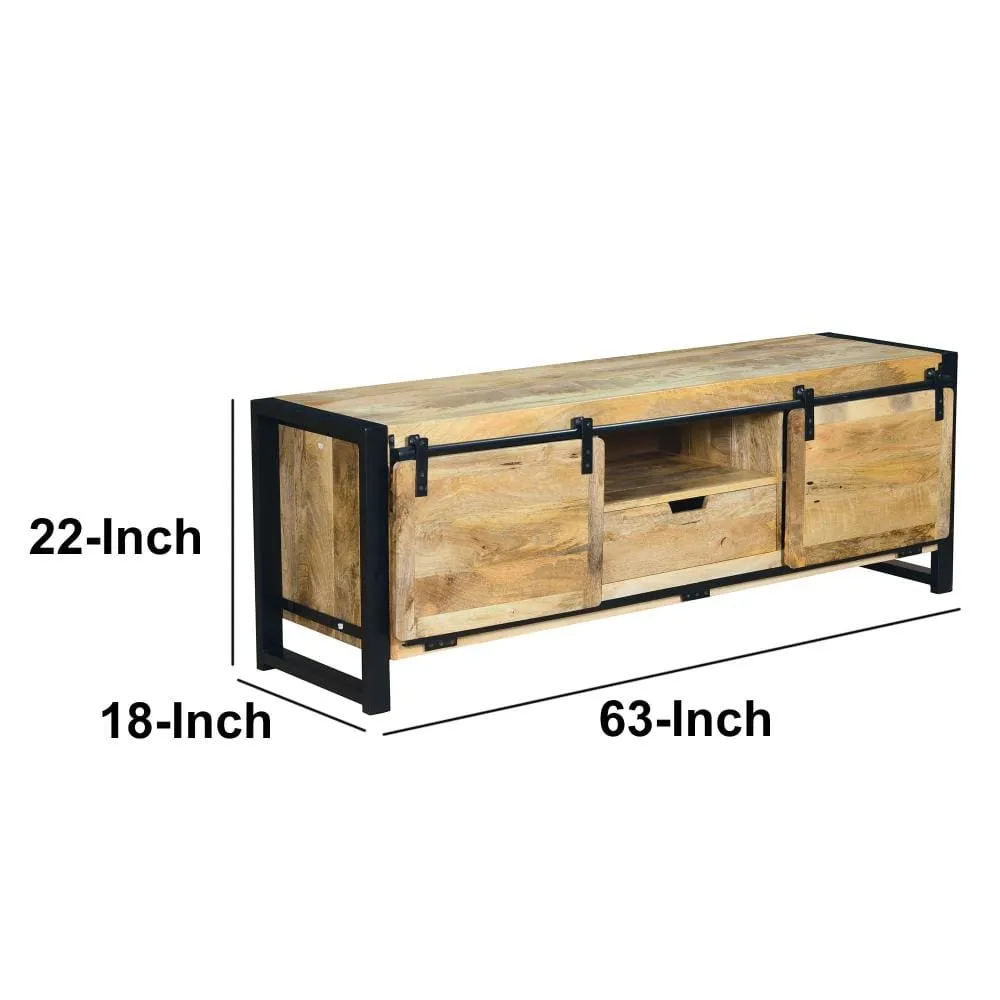 63 Inch Wooden Industrial TV Cabinet with Barn Style Sliding Doors, Brown and Black By The Urban Port