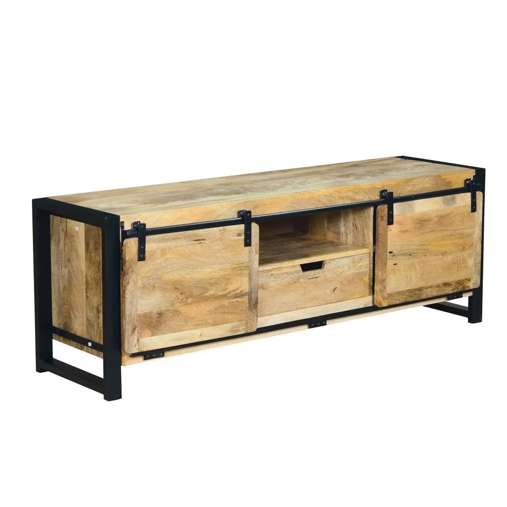 63 Inch Wooden Industrial TV Cabinet with Barn Style Sliding Doors, Brown and Black By The Urban Port