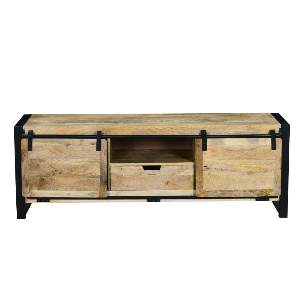 63 Inch Wooden Industrial TV Cabinet with Barn Style Sliding Doors, Brown and Black By The Urban Port