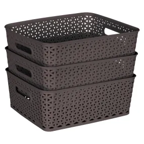 Bel Casa Medium Size Baskets Set Pack of 3 Royal Basket Multipurpose Plastic Storage Baskets for Wardrobe / Home / Kitchen - Dark Brown