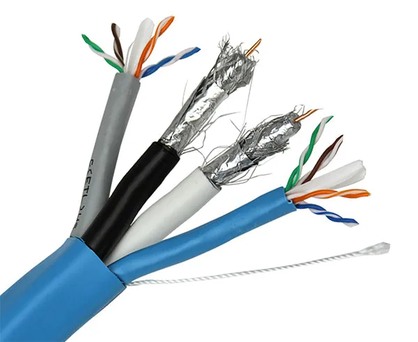 Bundled Cable, 2x RG6U Quad Shield, 2x CAT6 600MHz 23AWG, UTP, Solid, CMR, Spool, Blue, 500ft