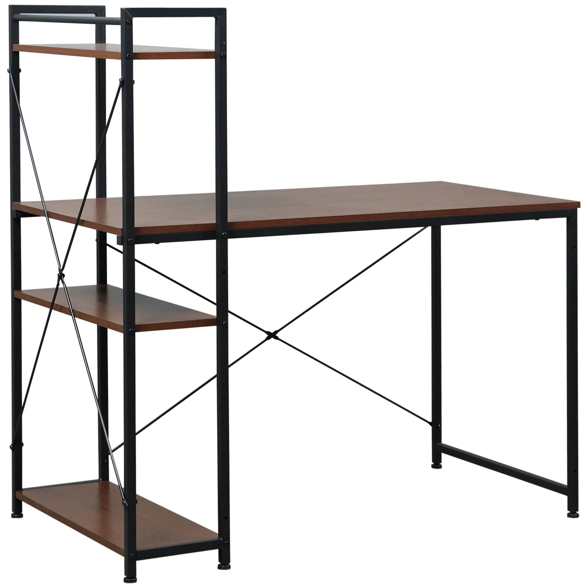 Computer Desk PC Table  Study Workstation Home Office with 4-tier Bookshelf Storage Metal Frame Wooden Top (Walnut & Black)