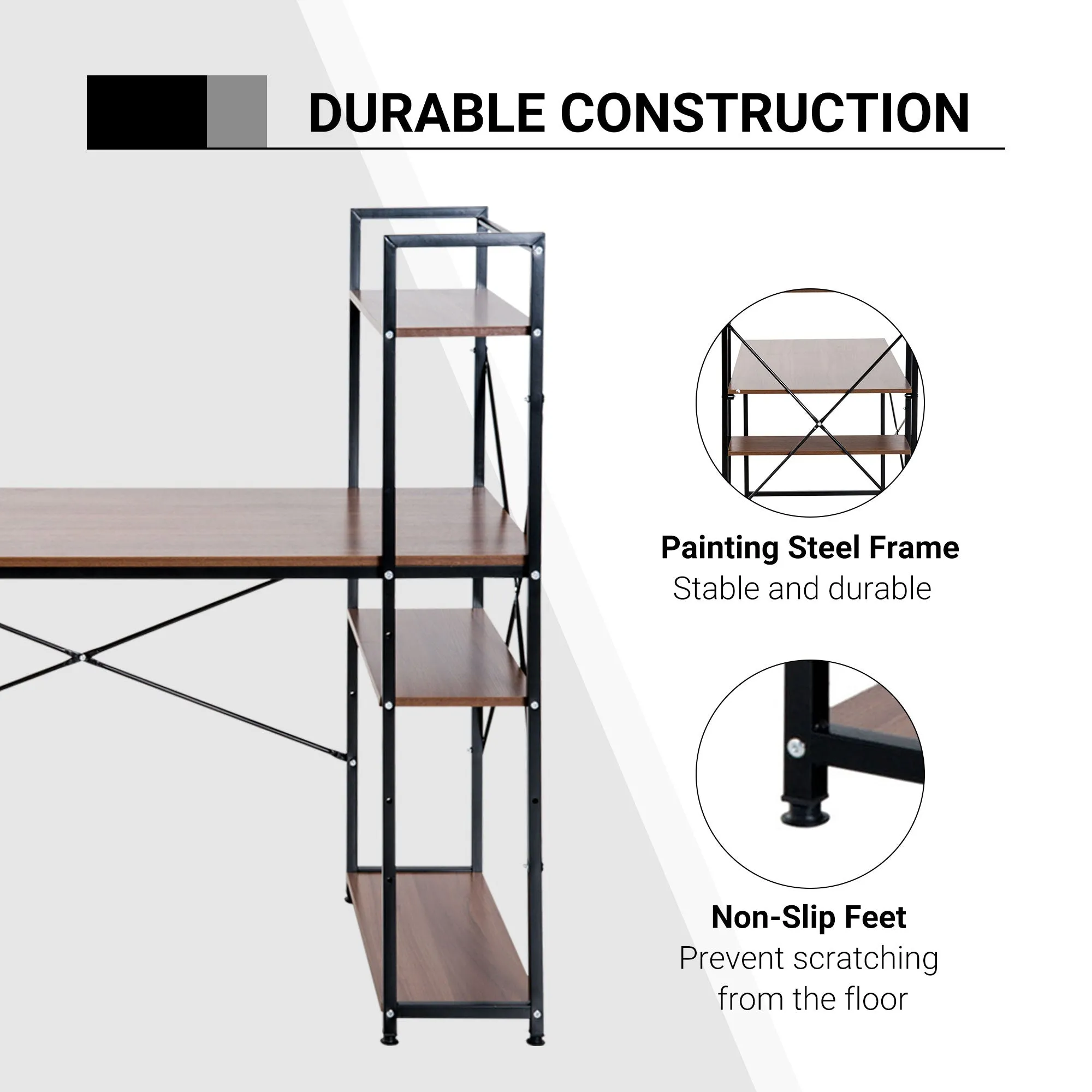 Computer Desk PC Table  Study Workstation Home Office with 4-tier Bookshelf Storage Metal Frame Wooden Top (Walnut & Black)