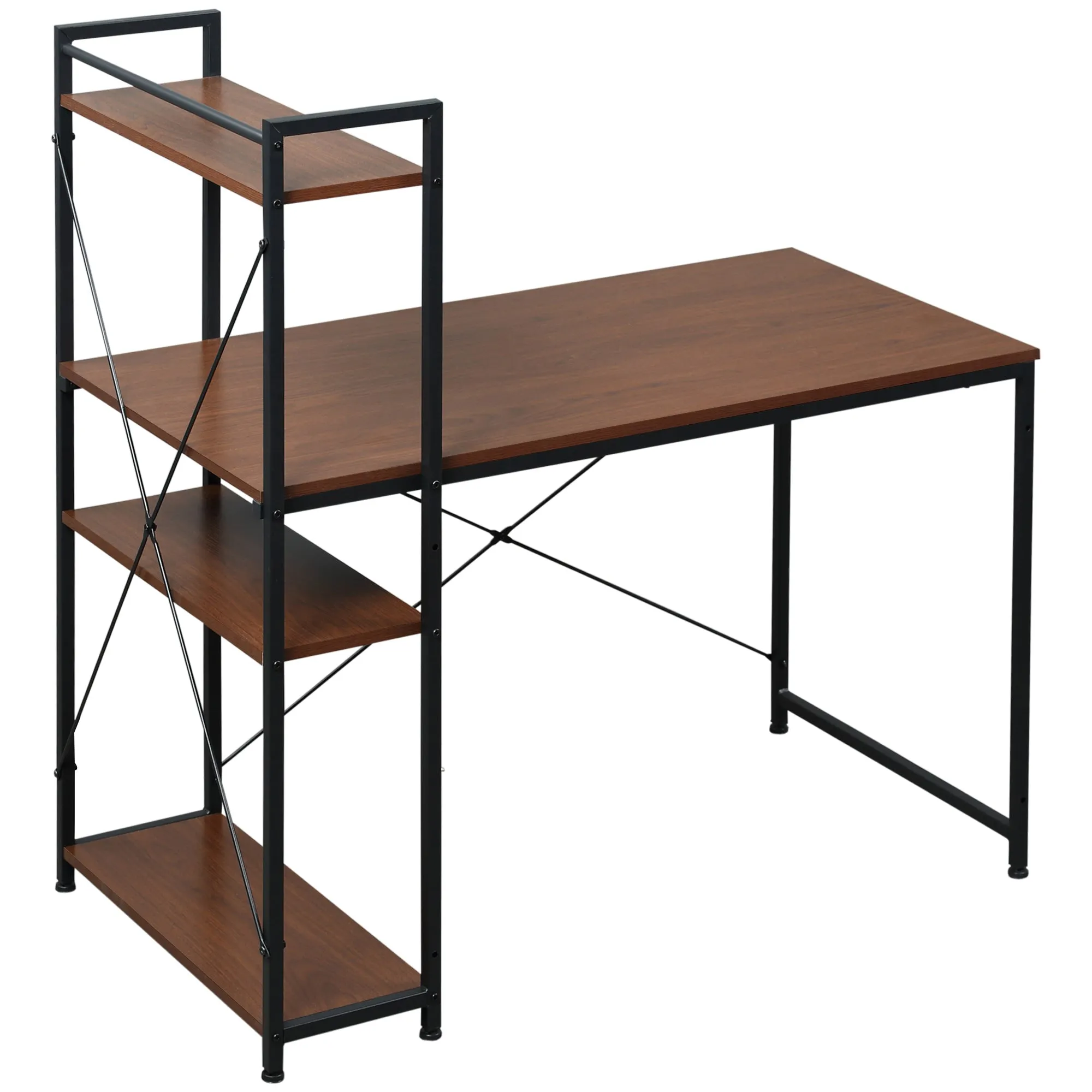 Computer Desk PC Table  Study Workstation Home Office with 4-tier Bookshelf Storage Metal Frame Wooden Top (Walnut & Black)