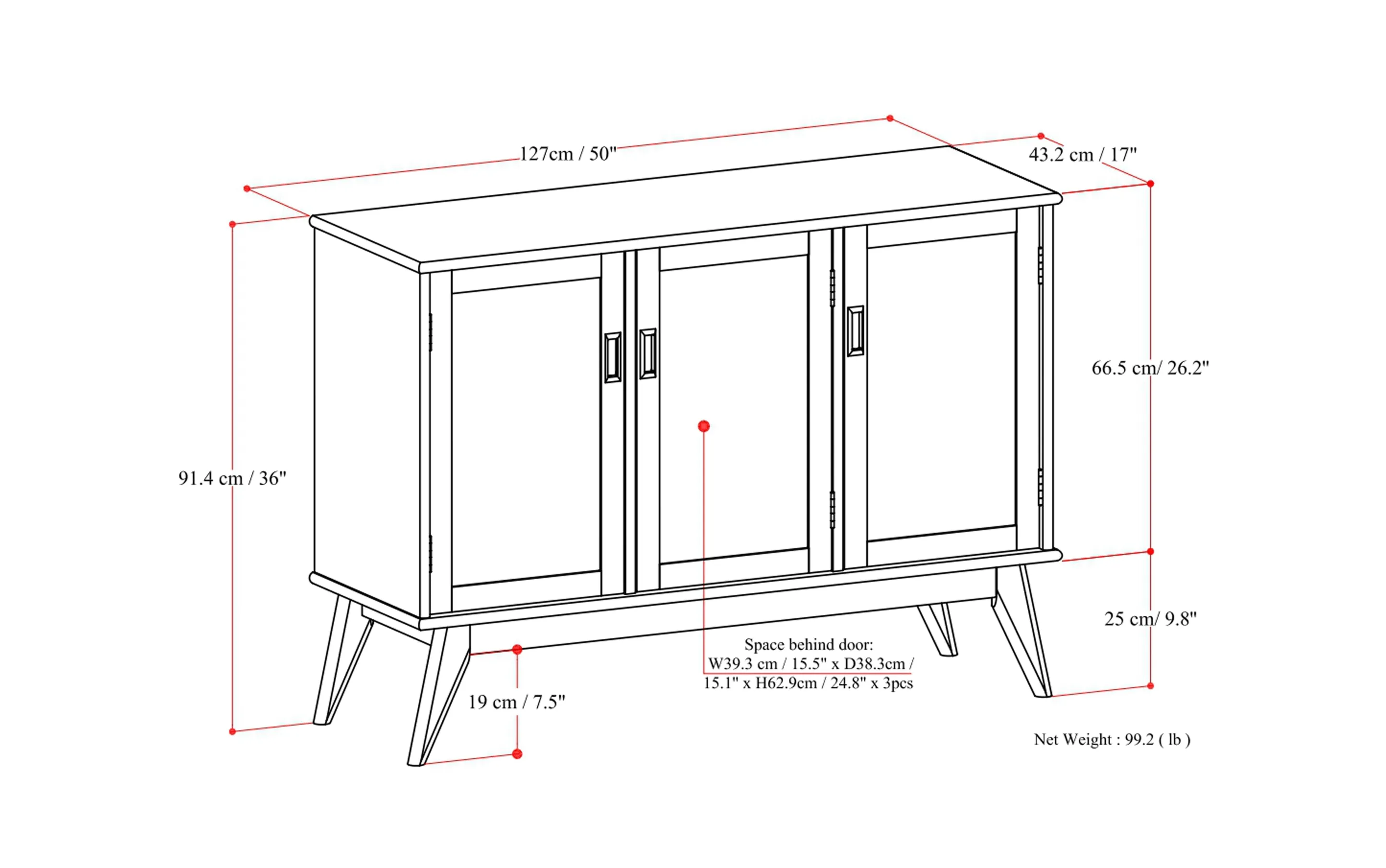 Draper Mid Century 3 Door Sideboard Buffet