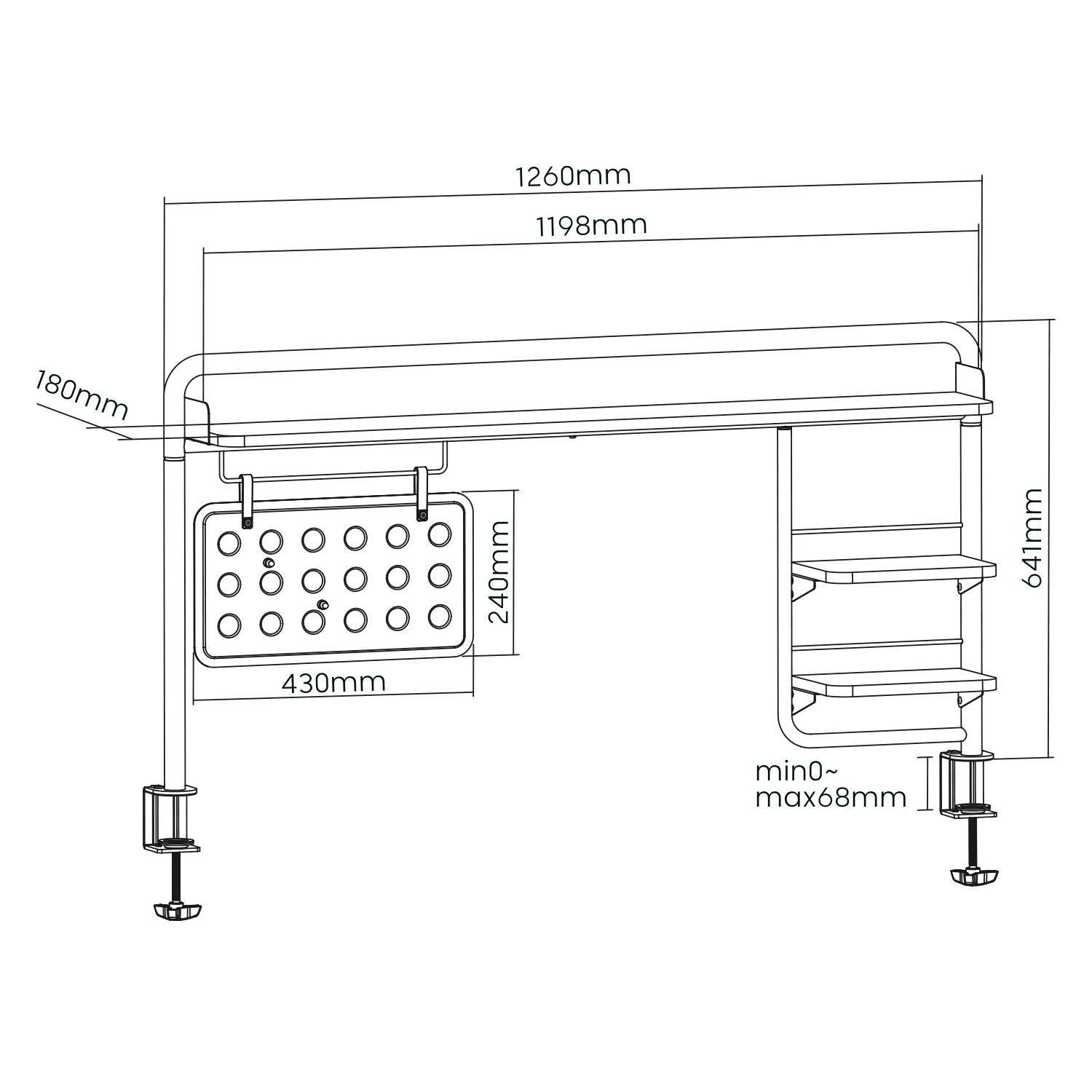 Ergo Office ER-452 Desk Shelf, Additional Shelf, Desk Extension, Clampable, up to 20 kg, Black