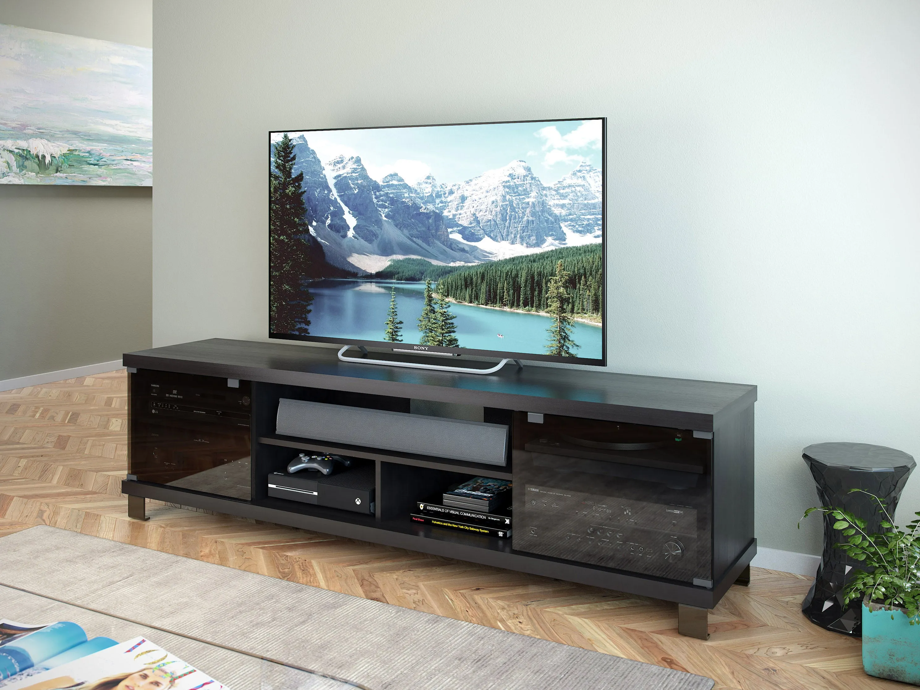 Extra Long Black Wood TV Stand, TVs up to 85"