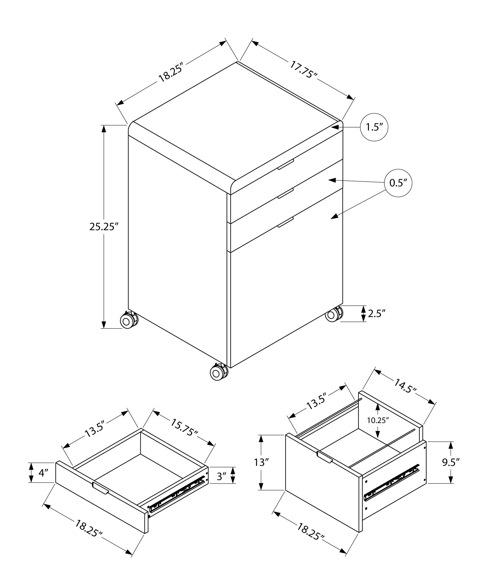 Filing Cabinet - 3 Drawer / High Glossy White / Castors