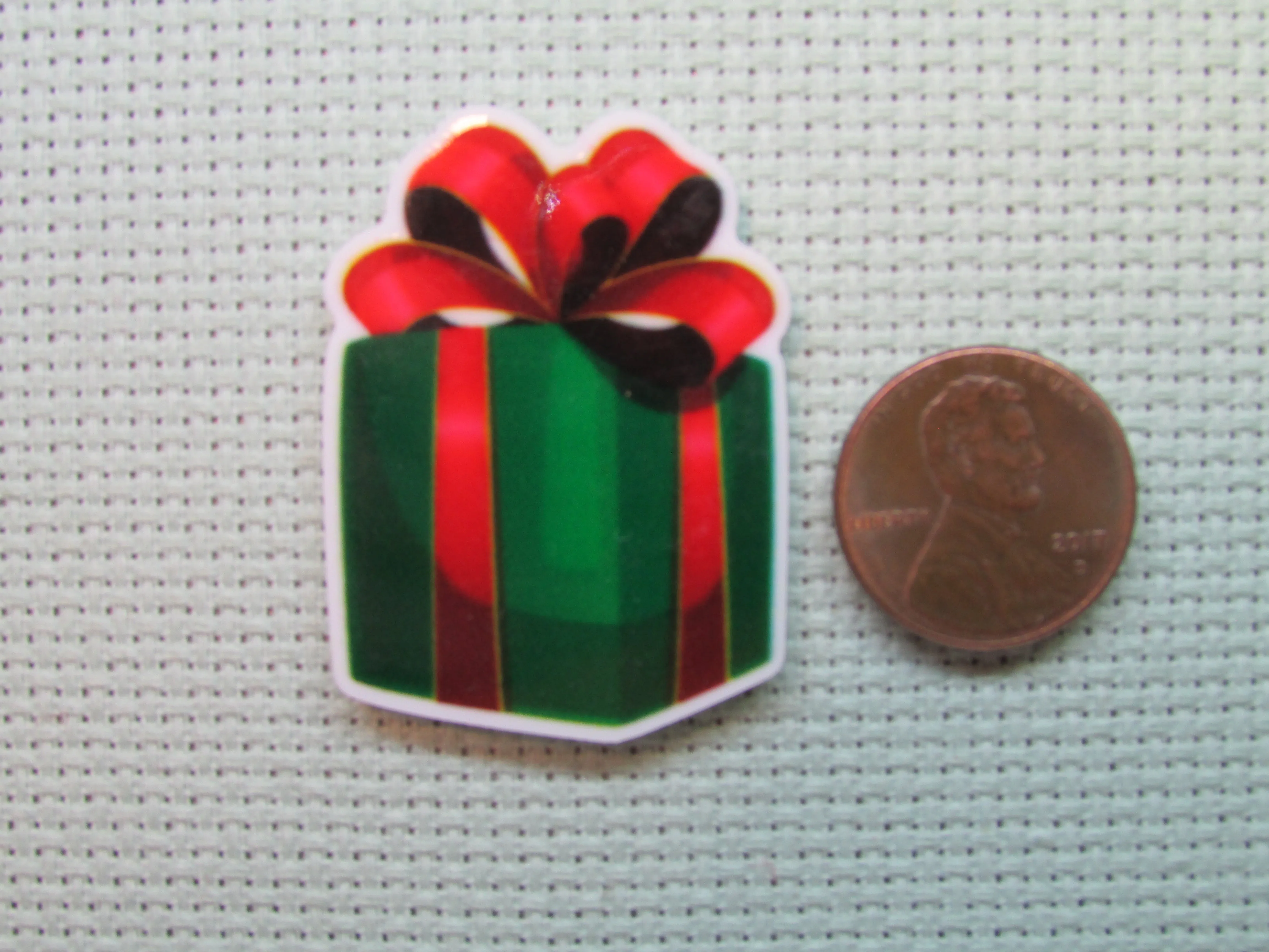 Green Christmas Gift Wrapped in a Red Bow Needle Minder, Cover Minder, Magnet LAST ONE!