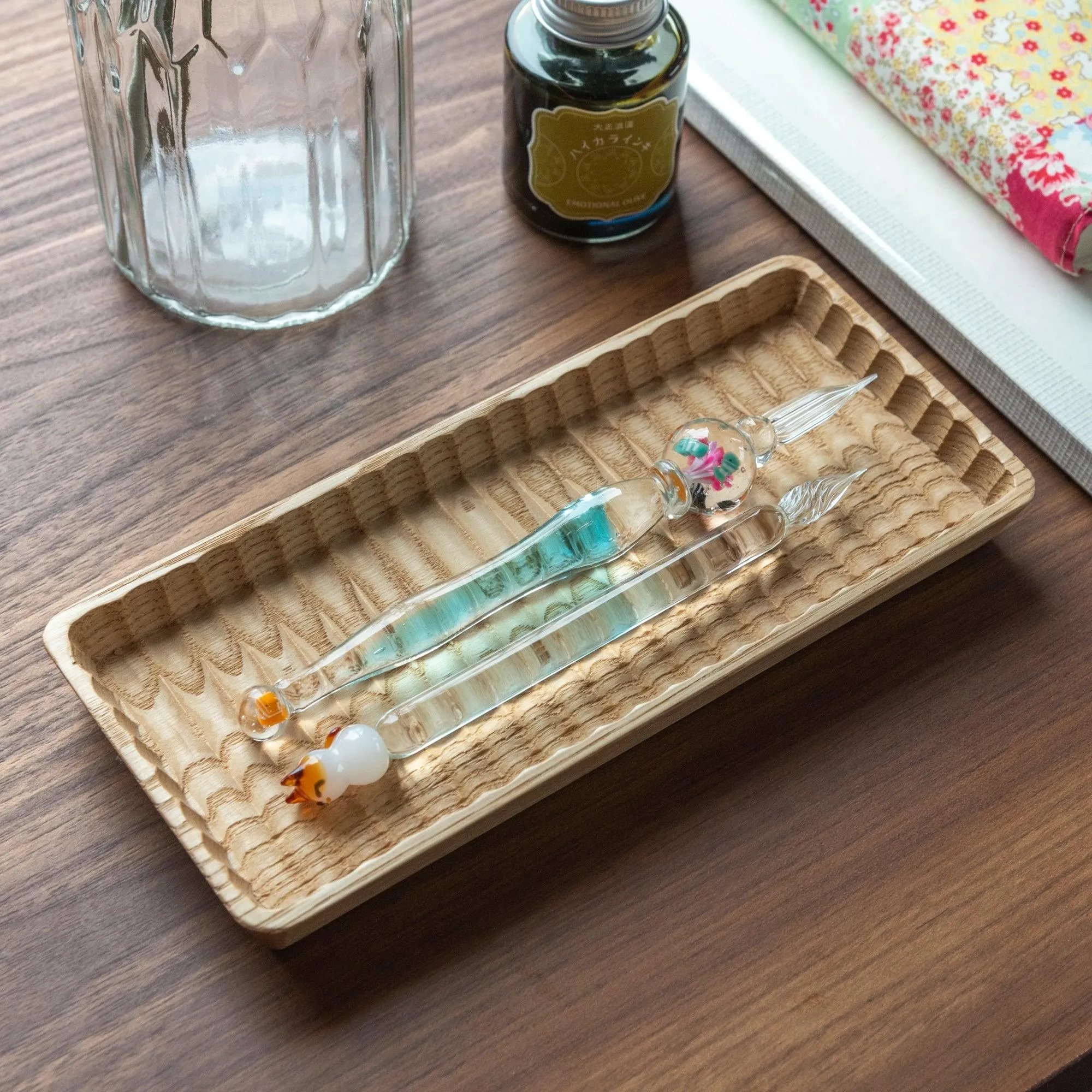 Hand-Carved Slim Wagatabon Japanese Chestnut Pen Tray