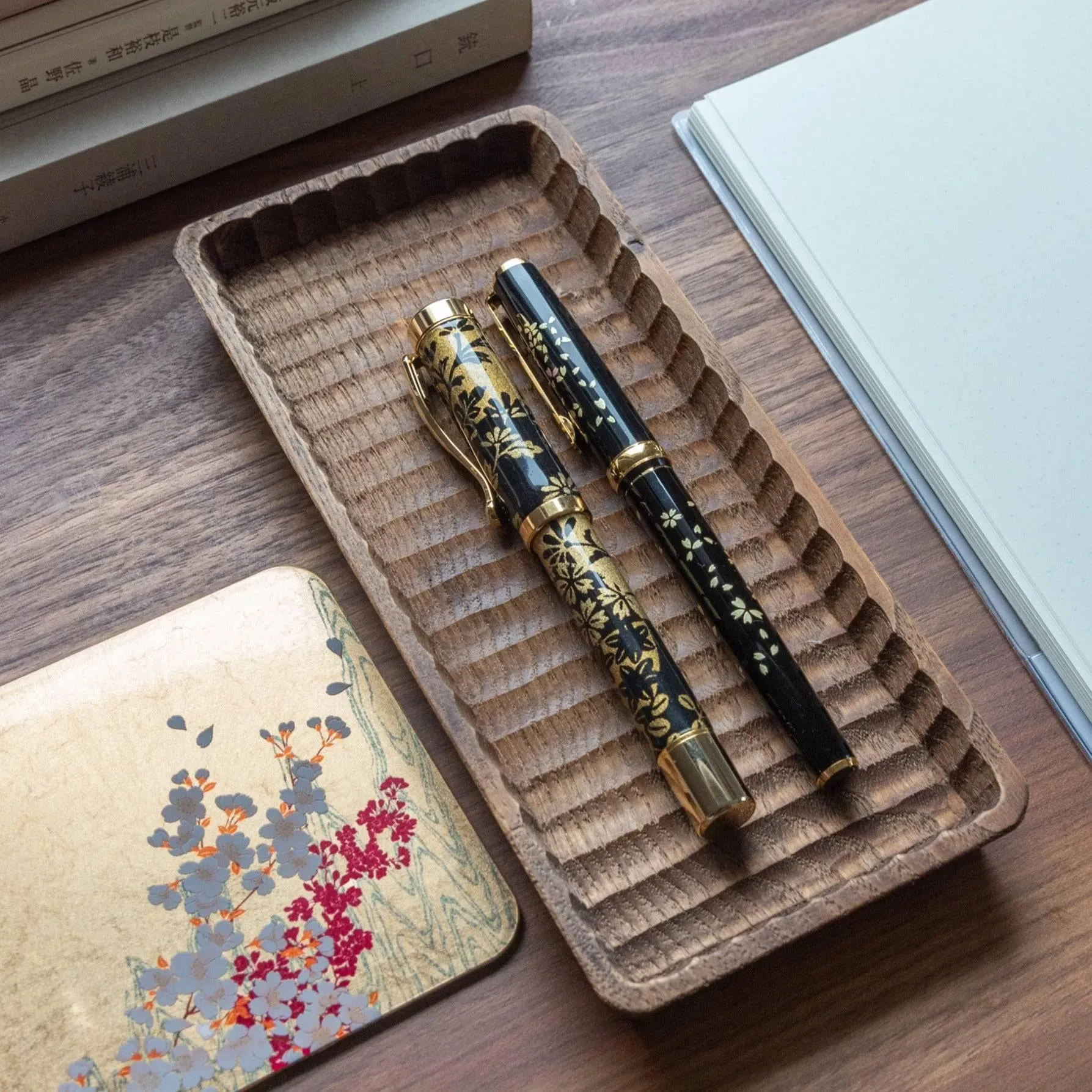 Hand-Carved Slim Wagatabon Japanese Chestnut Pen Tray