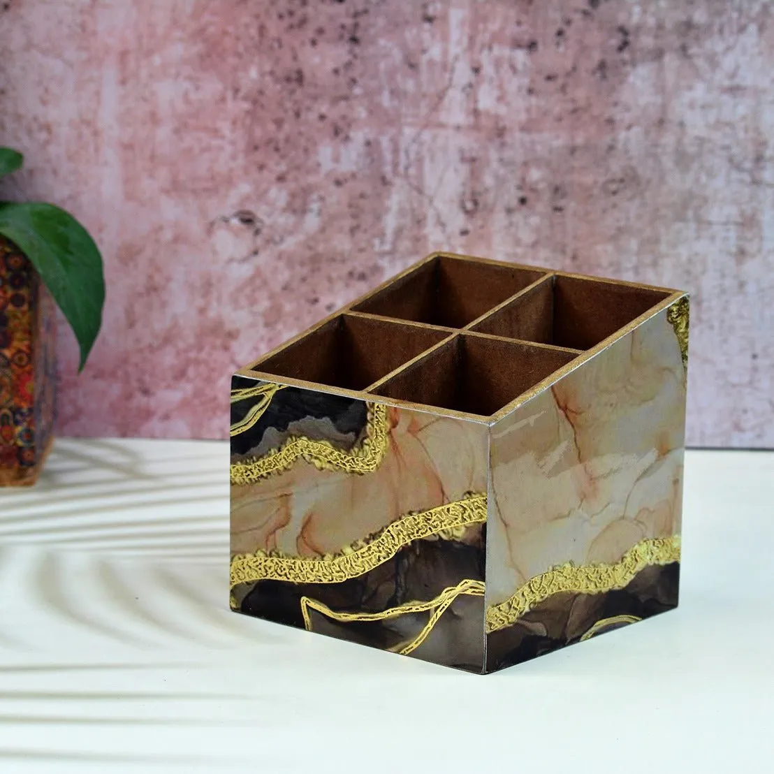 Impressionistic Black Golden Multipurpose MDF Organizer (4 Divisions)