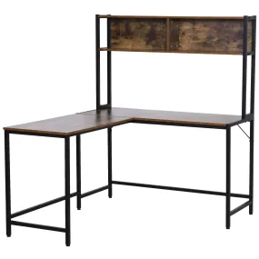 Industrial L-Shaped Work Desk & Storage Shelf Steel Frame Adjustable Feet Corner Workstation Home Office Study Stylish Brown Black