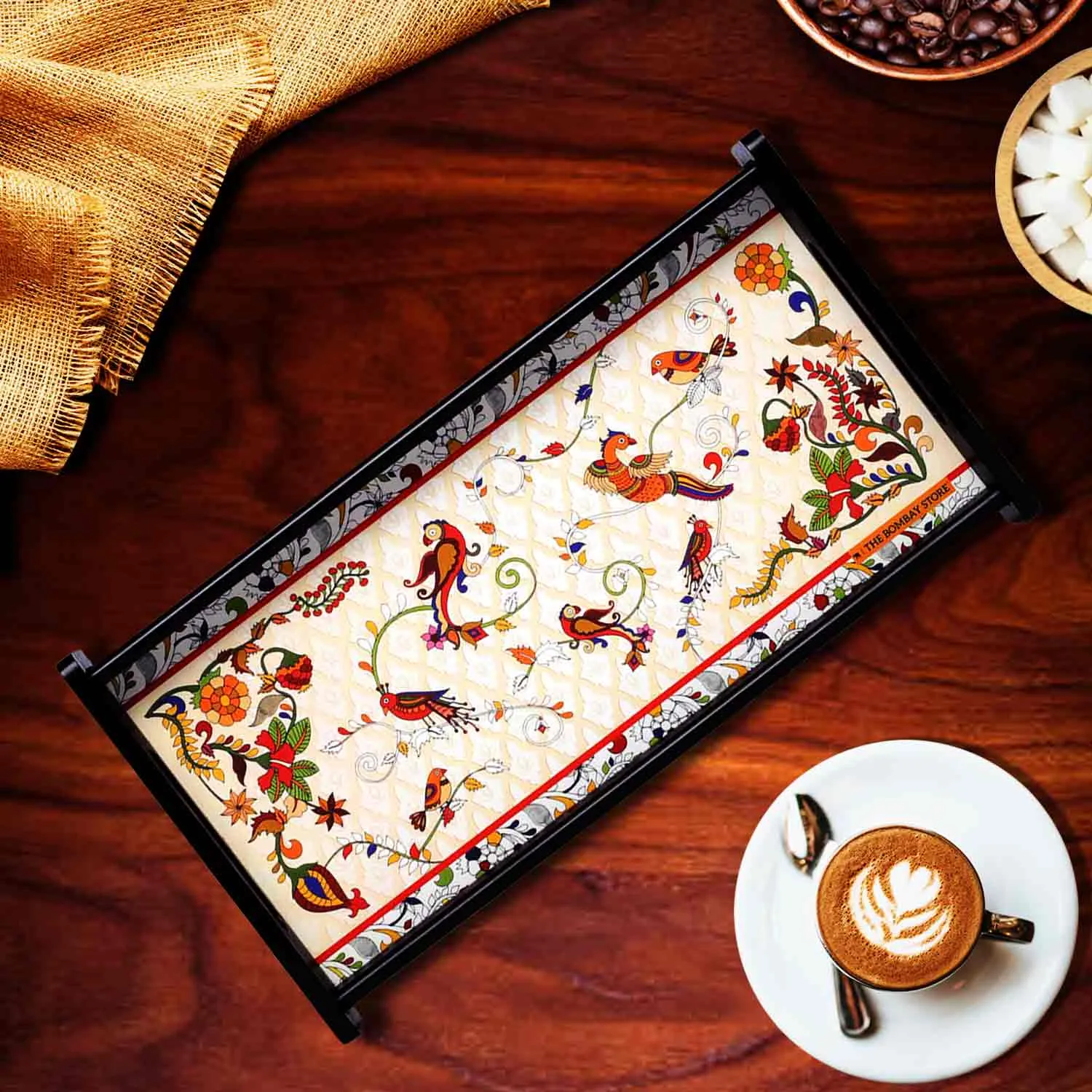 Kalamkari Birds Wooden Tray Small By India Kreations Decor