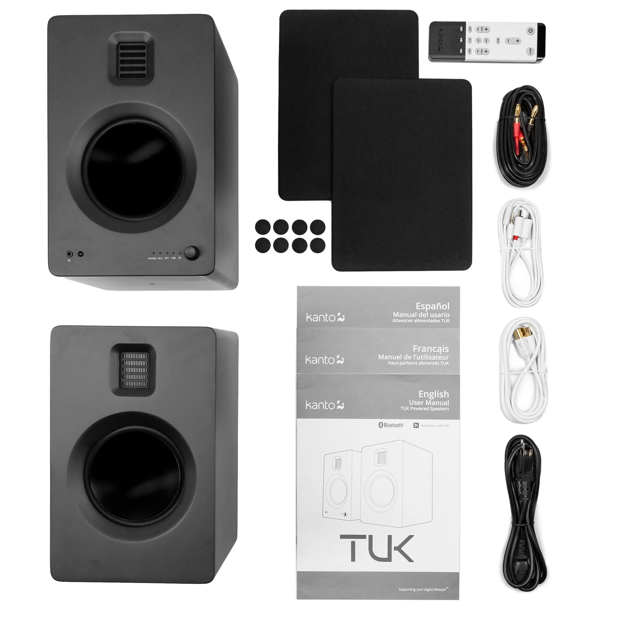 Kanto TUK 260W Powered Bookshelf Speakers with - Pair, Matte Black with SX26 Black Stand Bundle