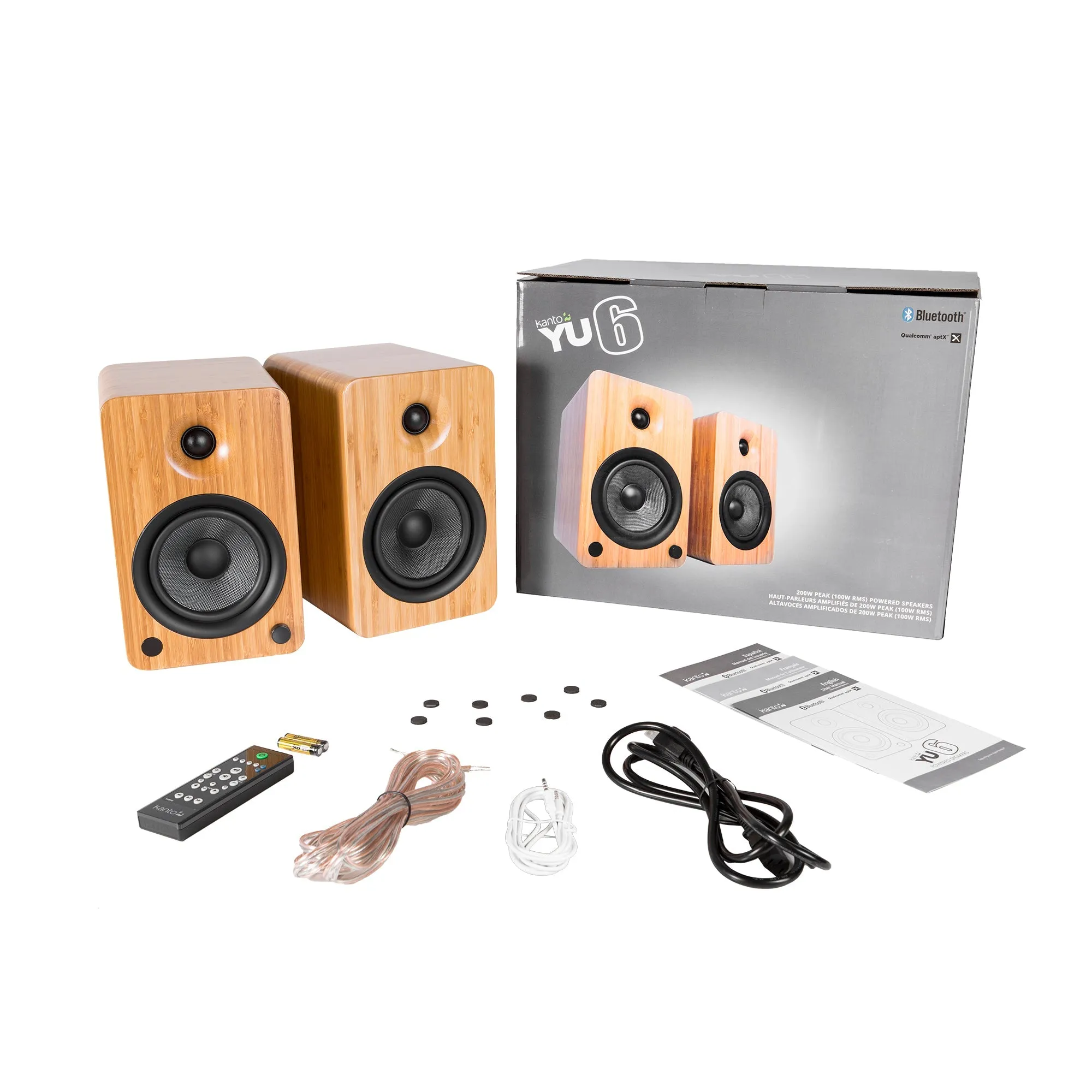 Kanto YU6 200W Powered Bookshelf Speakers with Bluetooth and Phono Preamp - Pair, Bamboo with SX22 Black Stand Bundle