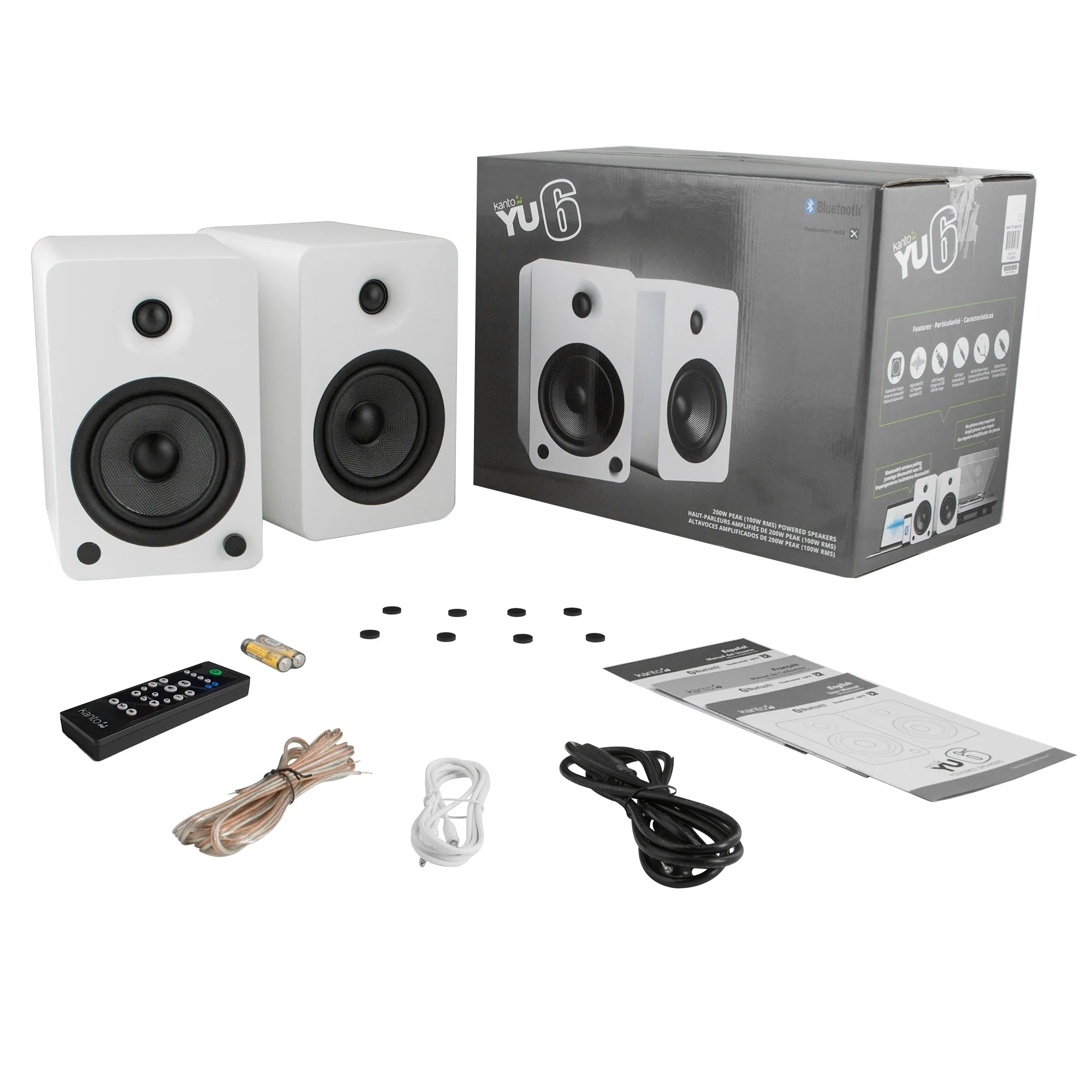 Kanto YU6 200W Powered Bookshelf Speakers with Bluetooth and Phono Preamp - Pair, Matte White with SX26W White Stand Bundle