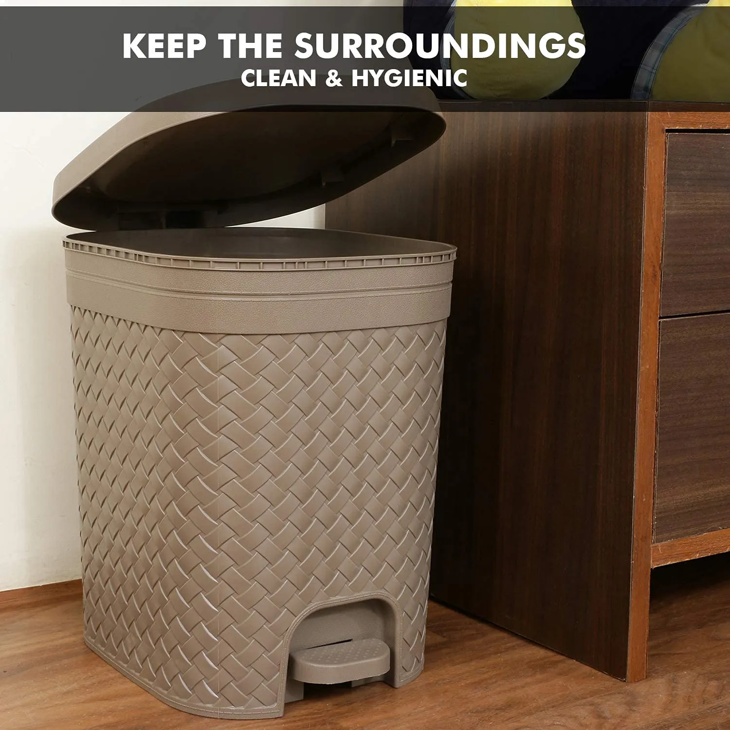 KOLORR Stitch 7 Liters Plastic Pedal Medium Dustbin with Lid and Inner Bucket, Trash Can, Garbage Bin, Waste Bin for Home, Kitchen, Office, School, Bathroom & Washroom - Light Brown