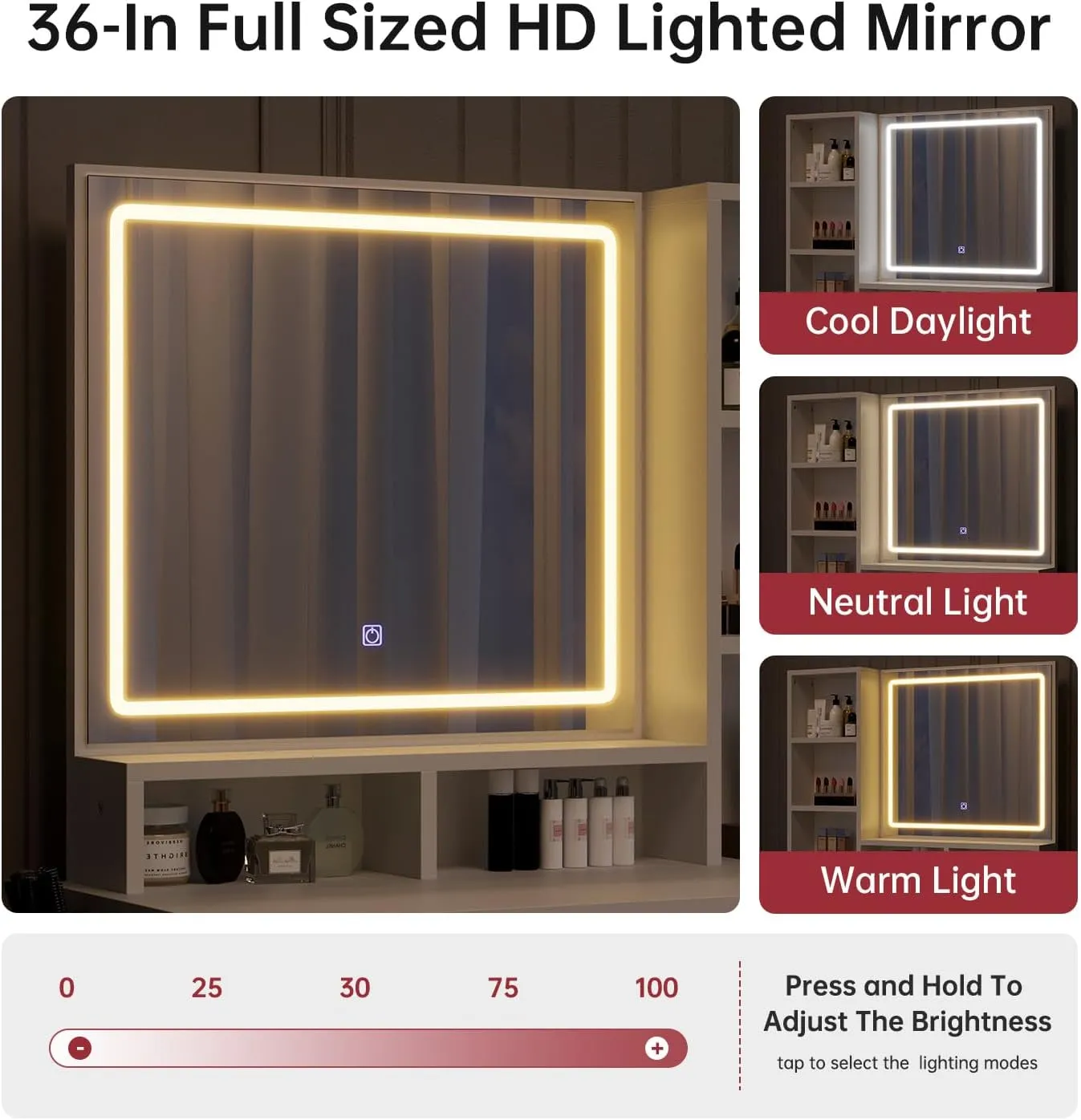 LED Lighted Mirror Vanity Desk with Drawer, Cabinet, Storage Shelve & Side Storage Bag