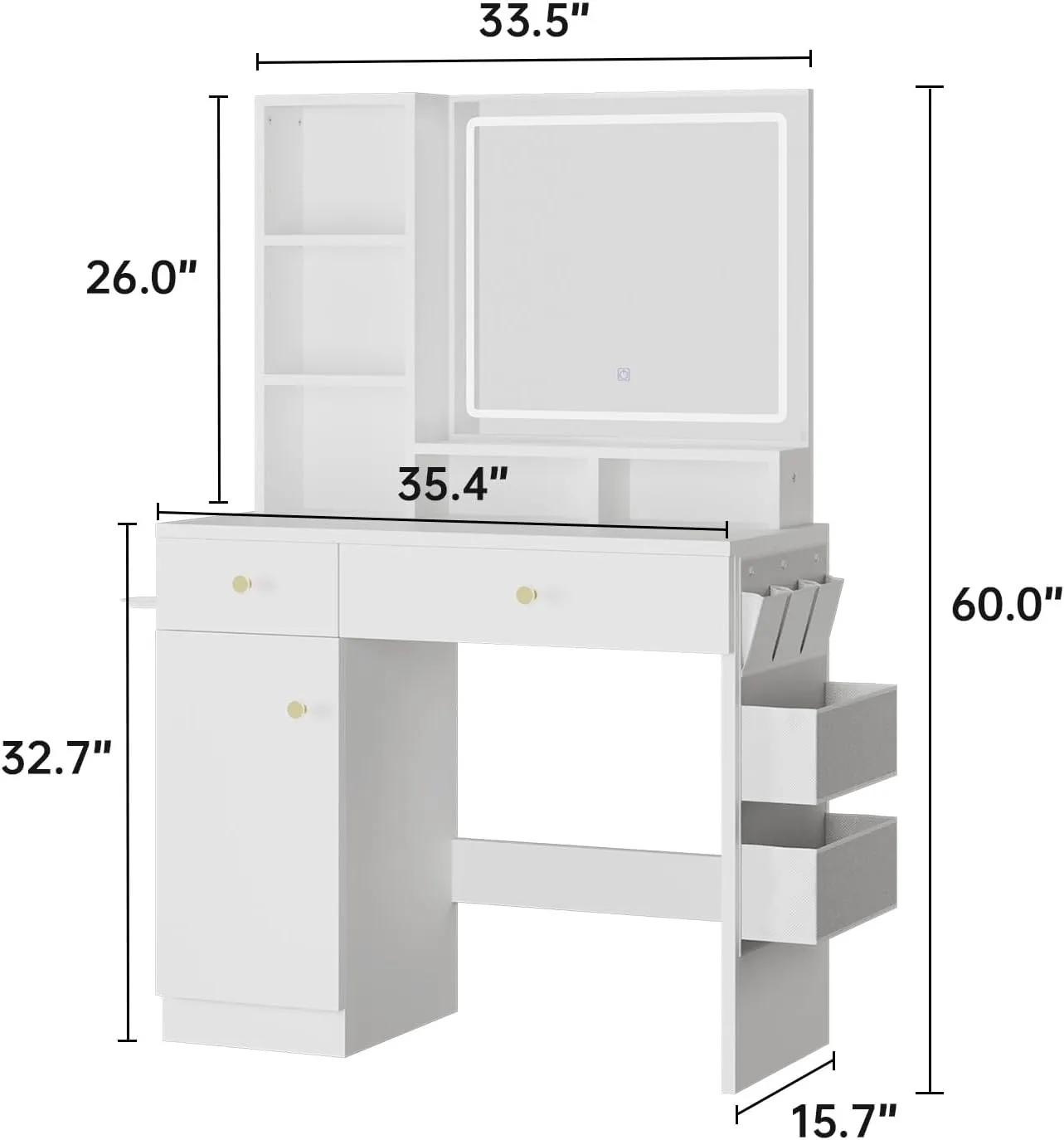 LED Lighted Mirror Vanity Desk with Drawer, Cabinet, Storage Shelve & Side Storage Bag