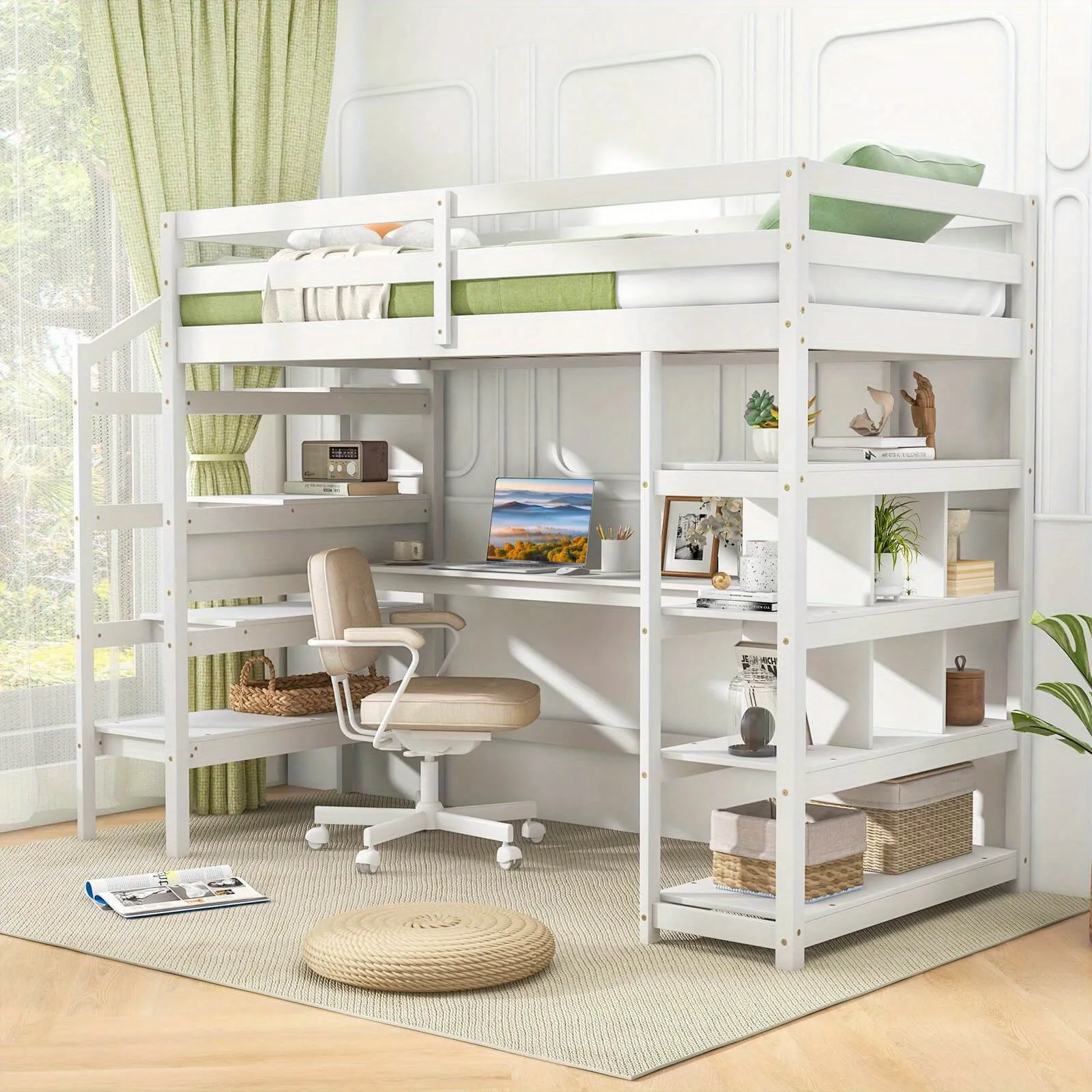 Loft Bed with Desk Shelves and Storage Stairs