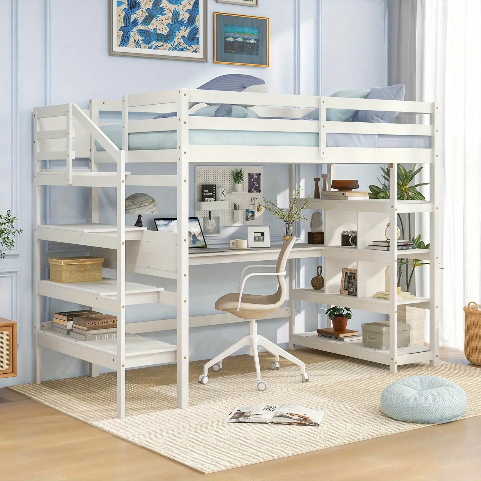 Loft Bed with Desk Shelves and Storage Stairs