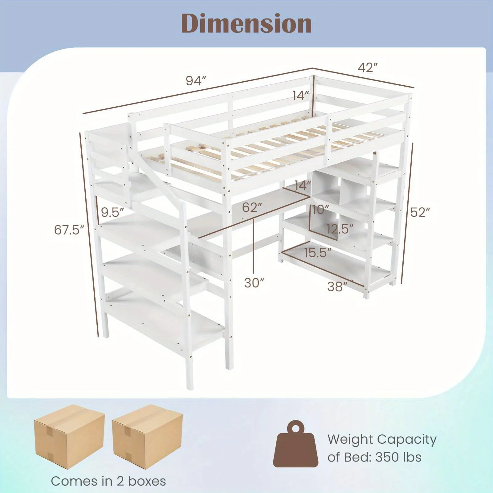 Loft Bed with Desk Shelves and Storage Stairs