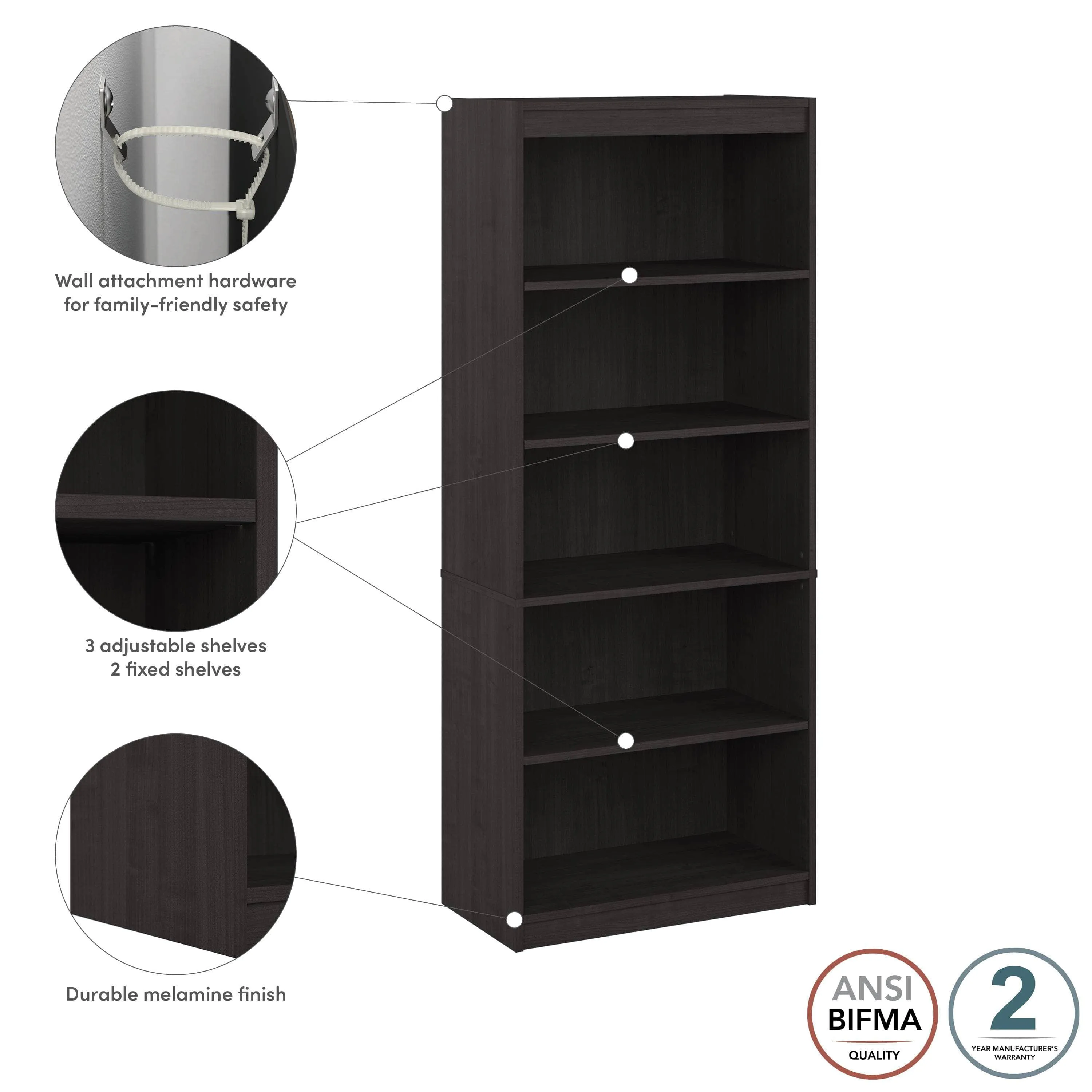 Logan 30W 5 Shelf Bookcase - Available in 4 Colours