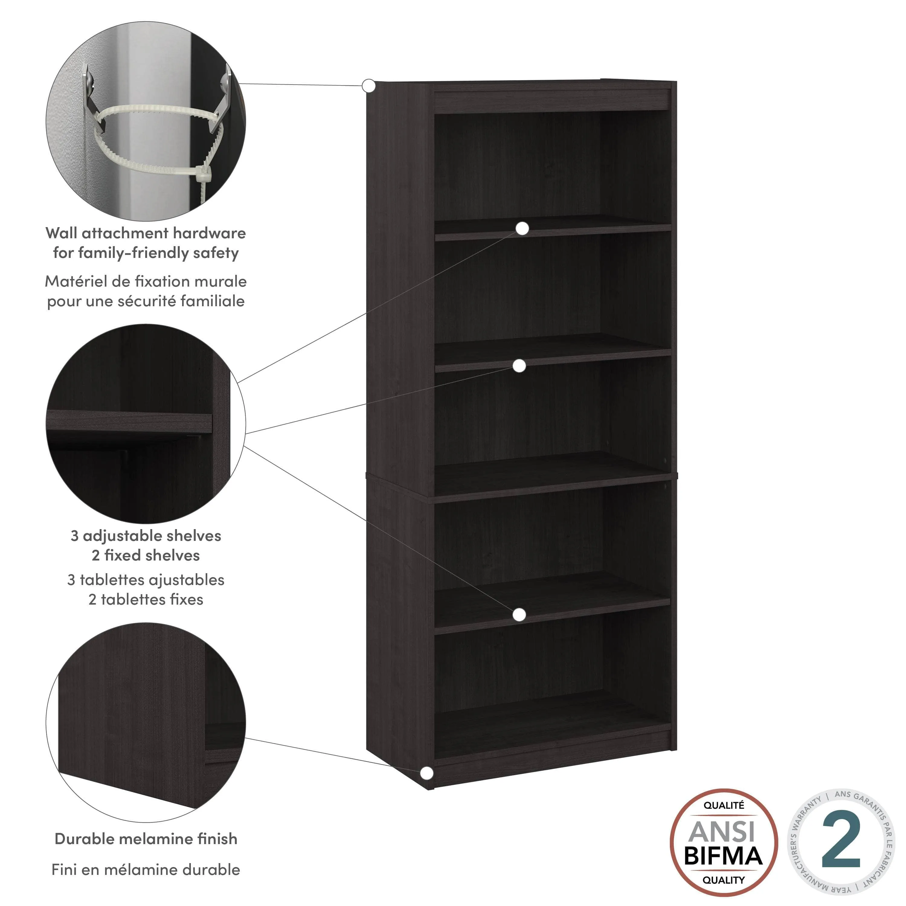 Logan 30W 5 Shelf Bookcase - Available in 4 Colours