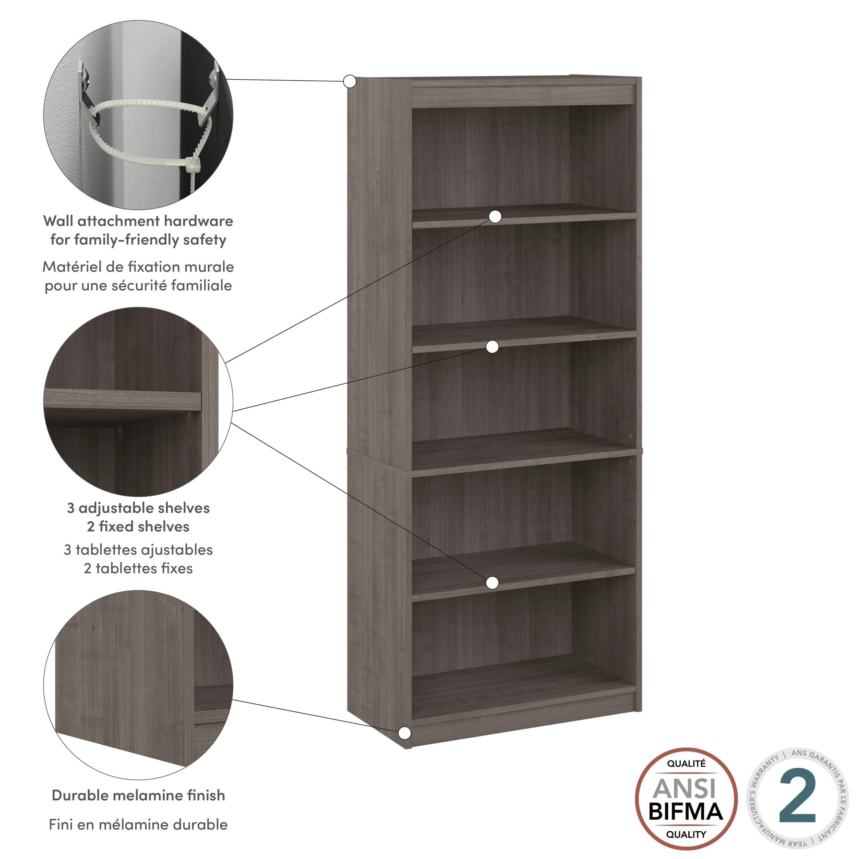 Logan 30W 5 Shelf Bookcase - Available in 4 Colours