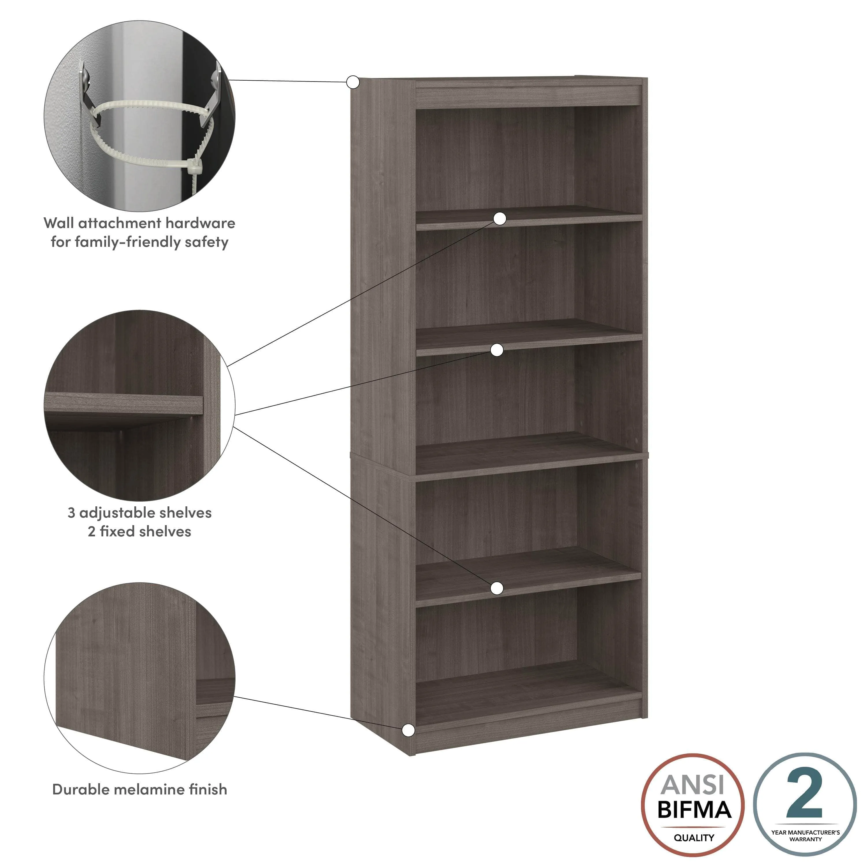 Logan 30W 5 Shelf Bookcase - Available in 4 Colours