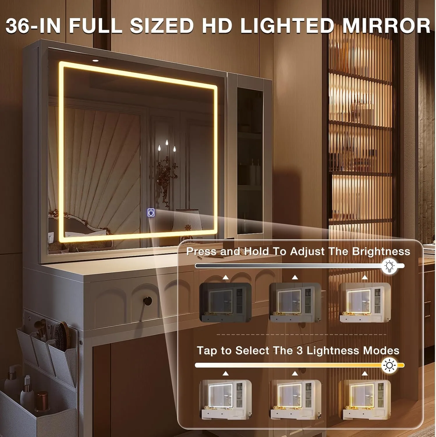 Modern LED Lighted Mirror Vanity Desk with Drawers, Cabinet, Side Storage Bag