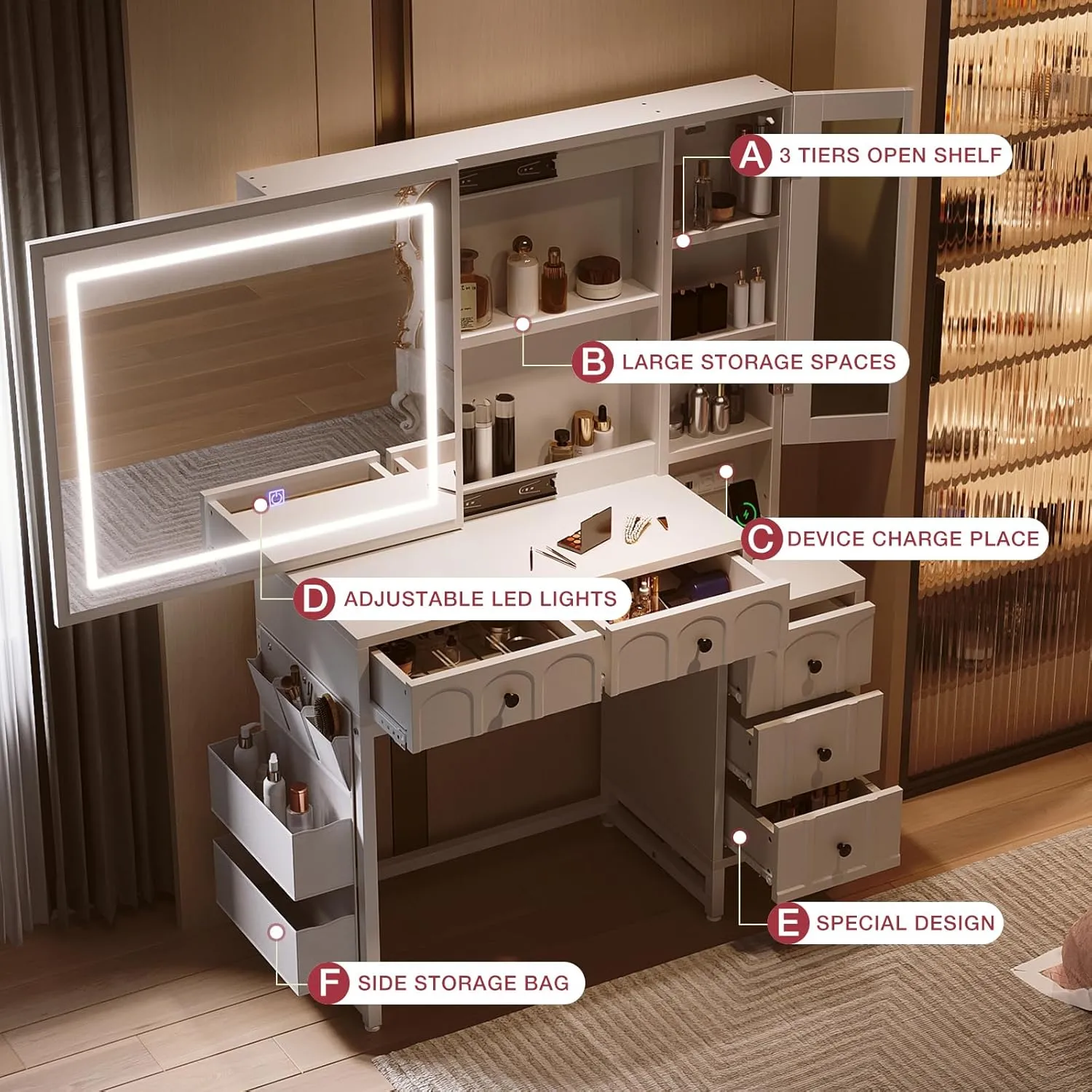 Modern LED Lighted Mirror Vanity Desk with Drawers, Cabinet, Side Storage Bag