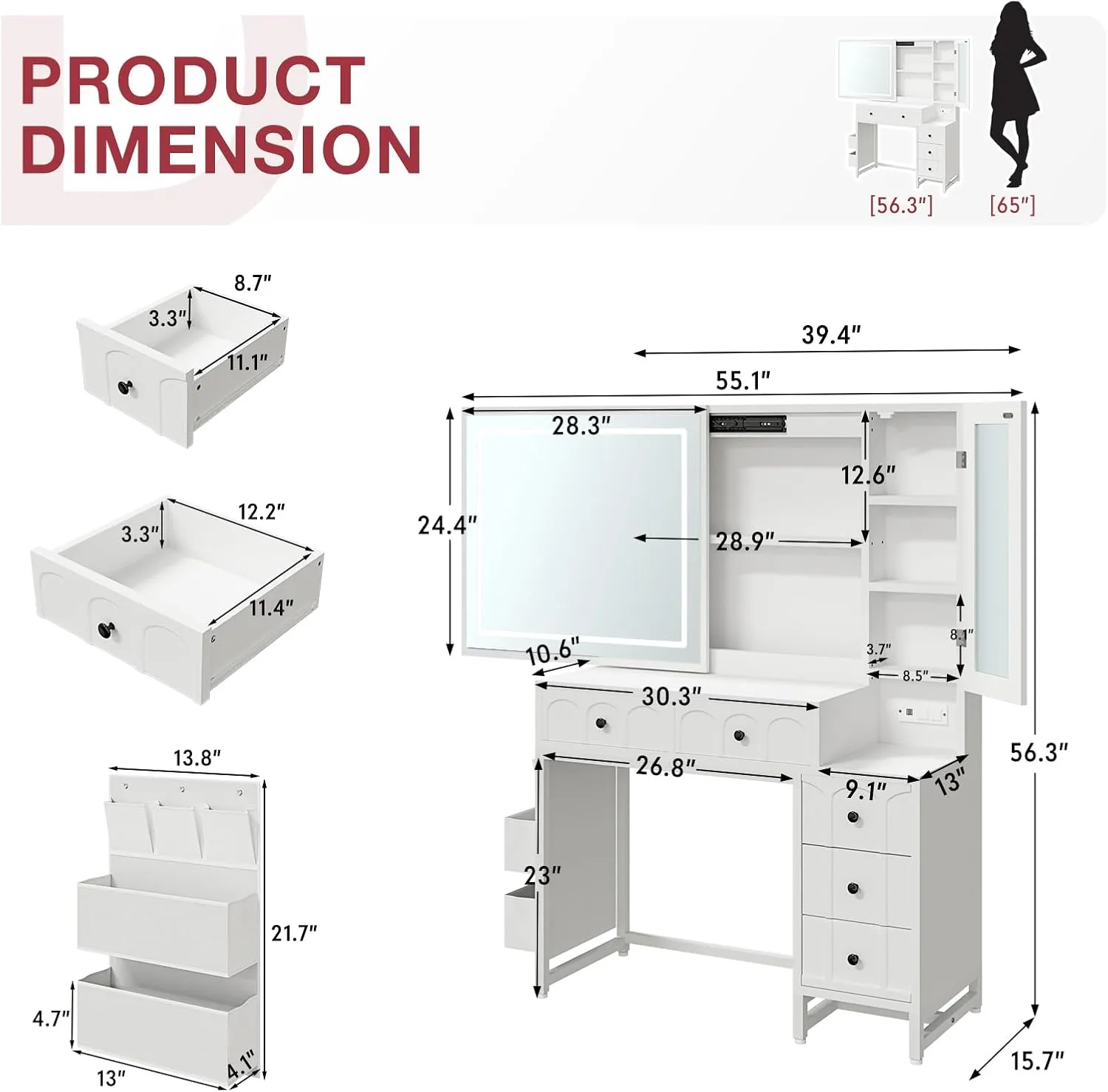 Modern LED Lighted Mirror Vanity Desk with Drawers, Cabinet, Side Storage Bag