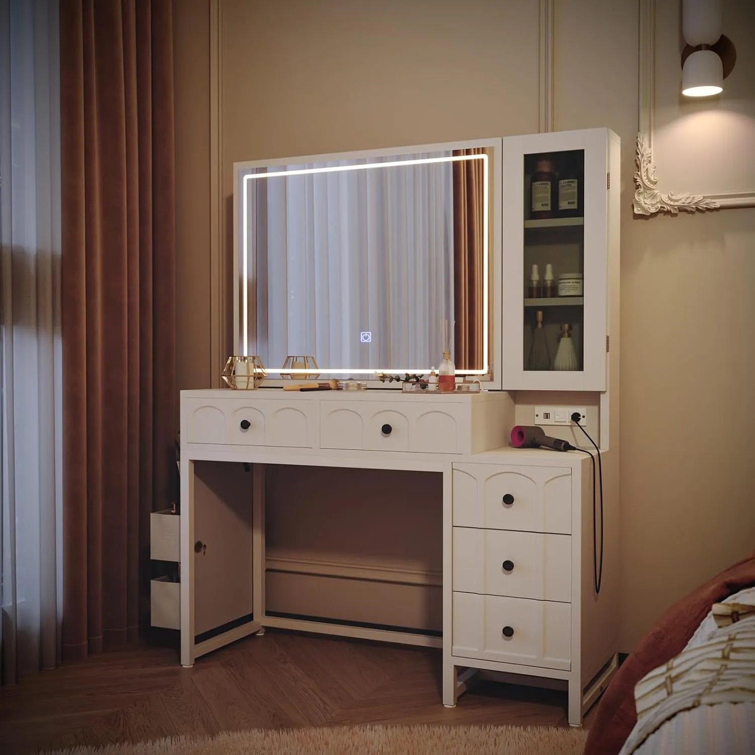 Modern LED Lighted Mirror Vanity Desk with Drawers, Cabinet, Side Storage Bag