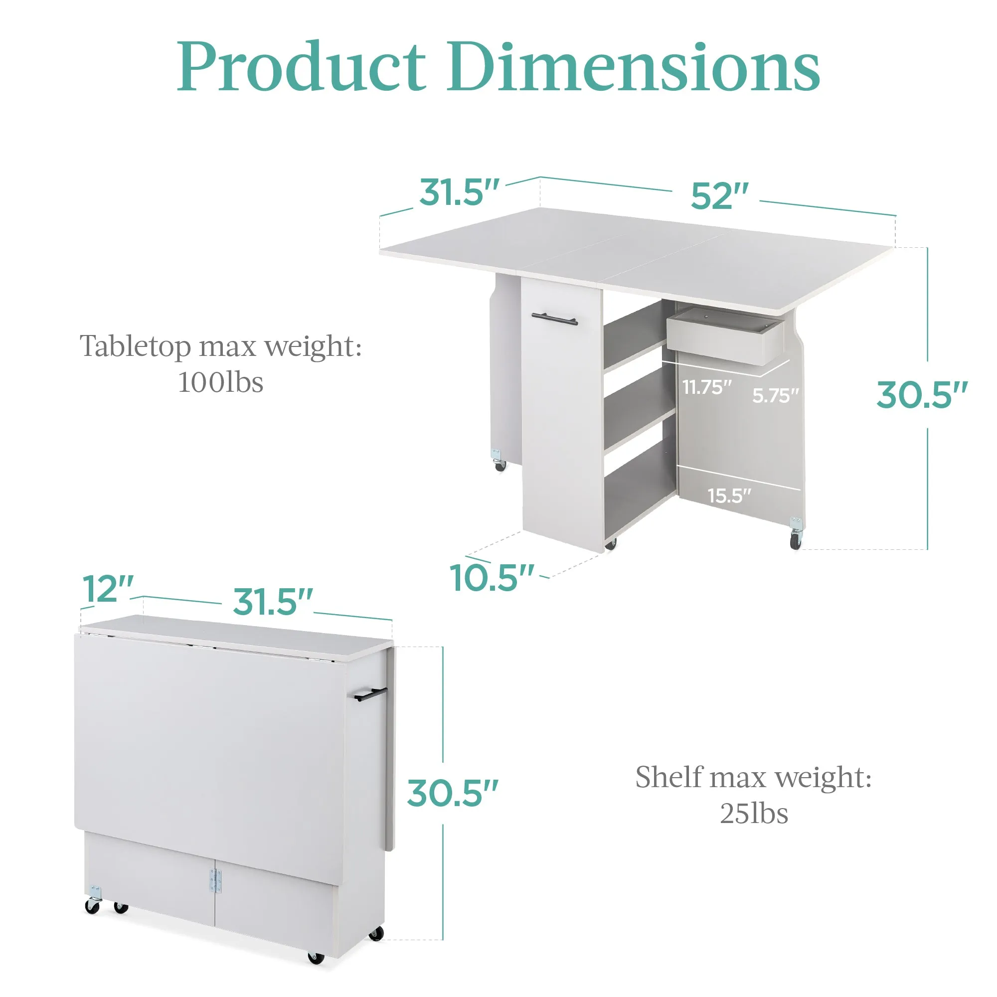 Multipurpose Folding Table w/ Wheels, 3 Storage Shelves, Cubby, Handle