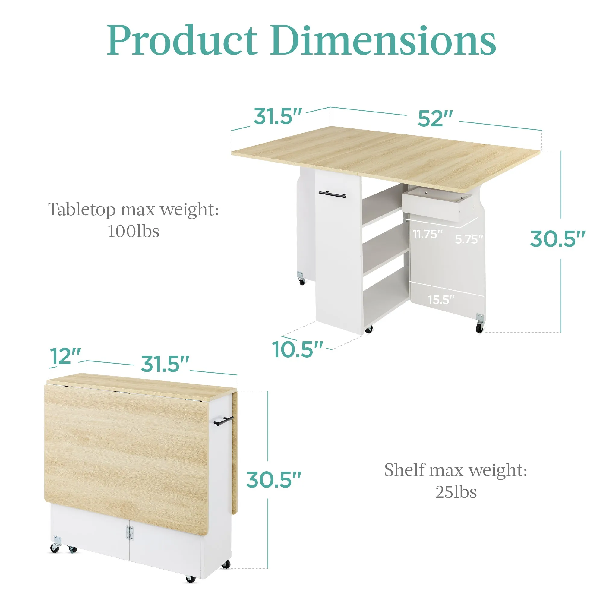 Multipurpose Folding Table w/ Wheels, 3 Storage Shelves, Cubby, Handle